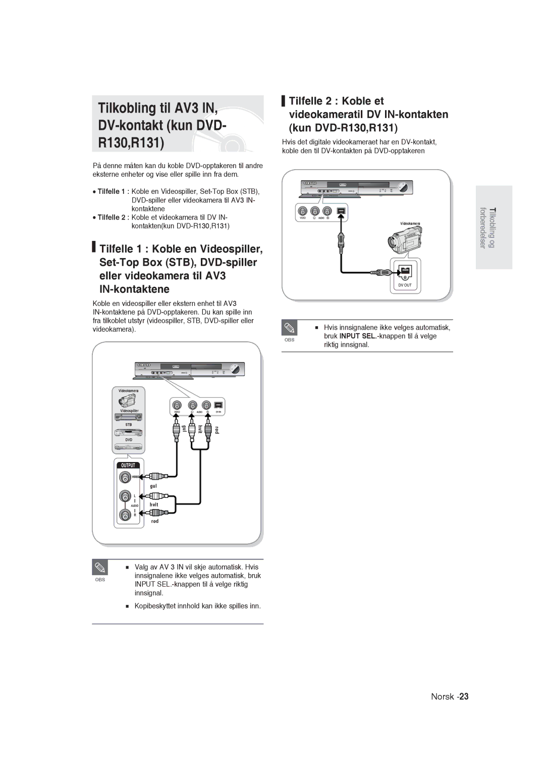 Samsung DVD-R129/XEE manual Tilkobling til AV3 IN, DV-kontakt kun DVD- R130,R131 