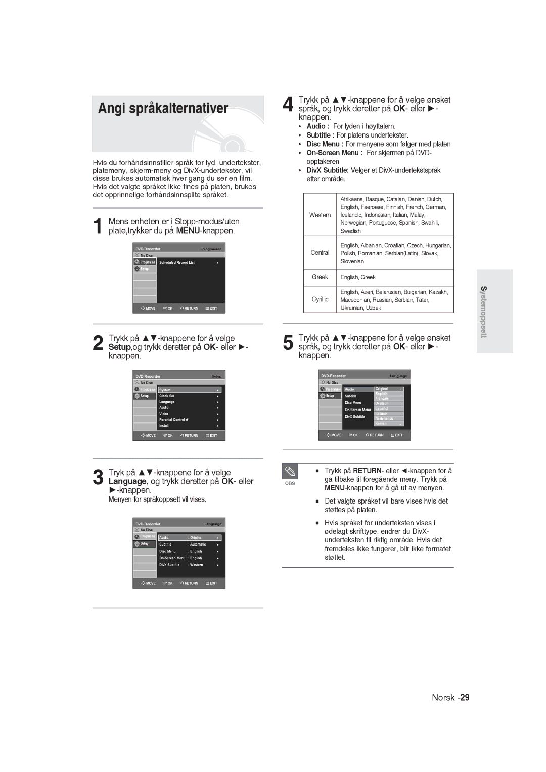 Samsung DVD-R129/XEE manual Angi språkalternativer, Menyen for språkoppsett vil vises 