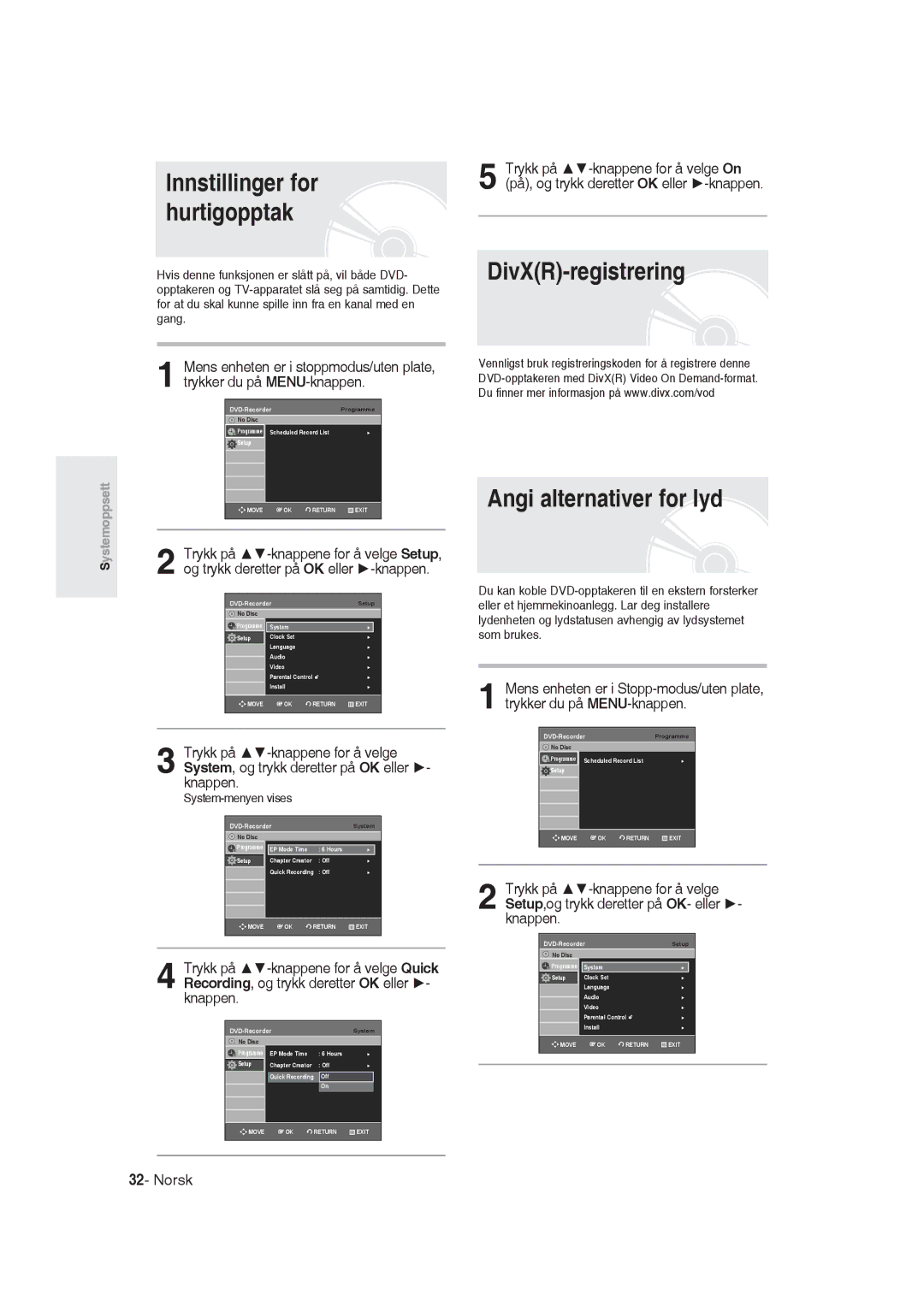 Samsung DVD-R129/XEE manual DivXR-registrering Angi alternativer for lyd, Innstillinger for hurtigopptak 