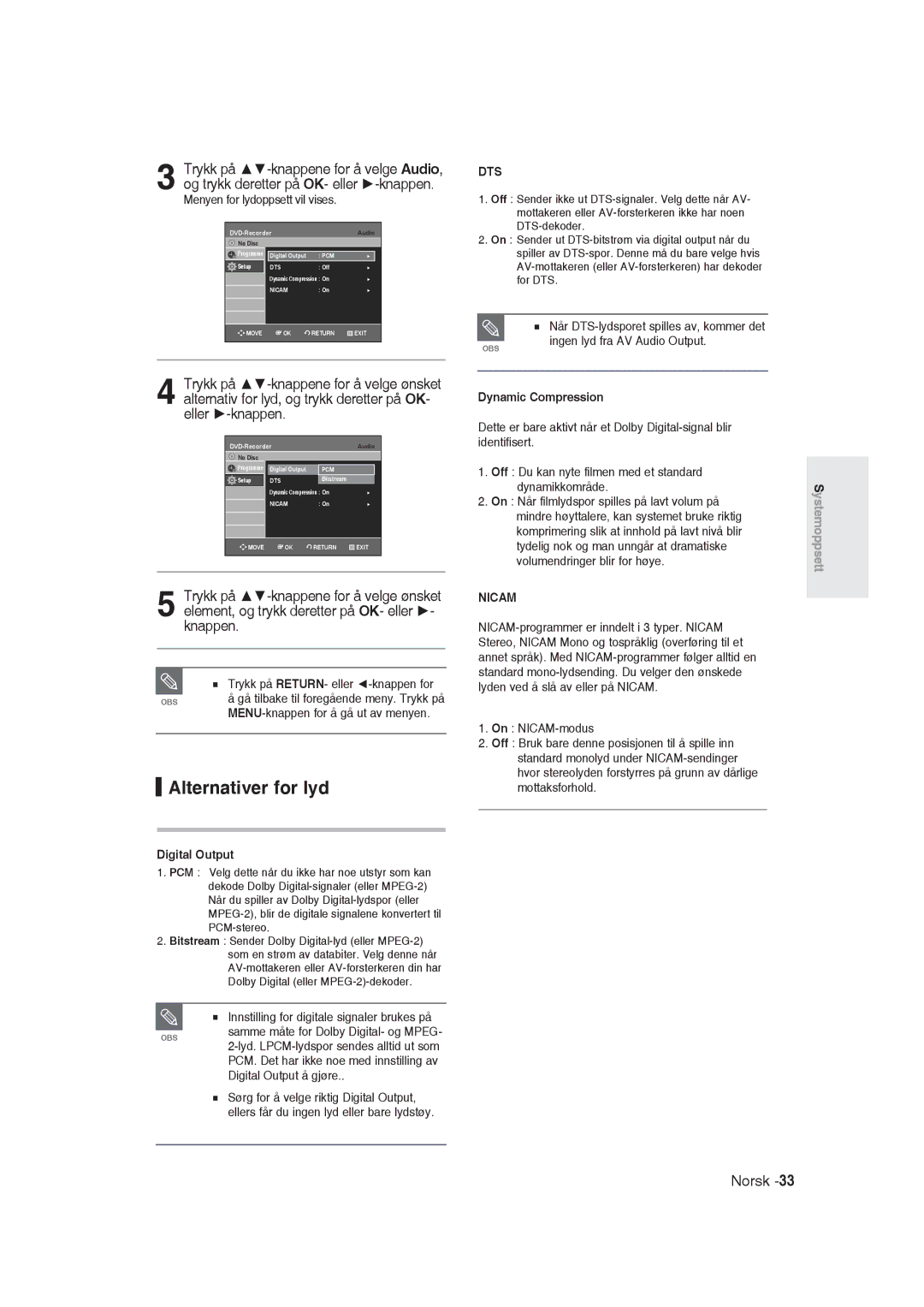 Samsung DVD-R129/XEE manual Alternativer for lyd, Menyen for lydoppsett vil vises, Digital Output 