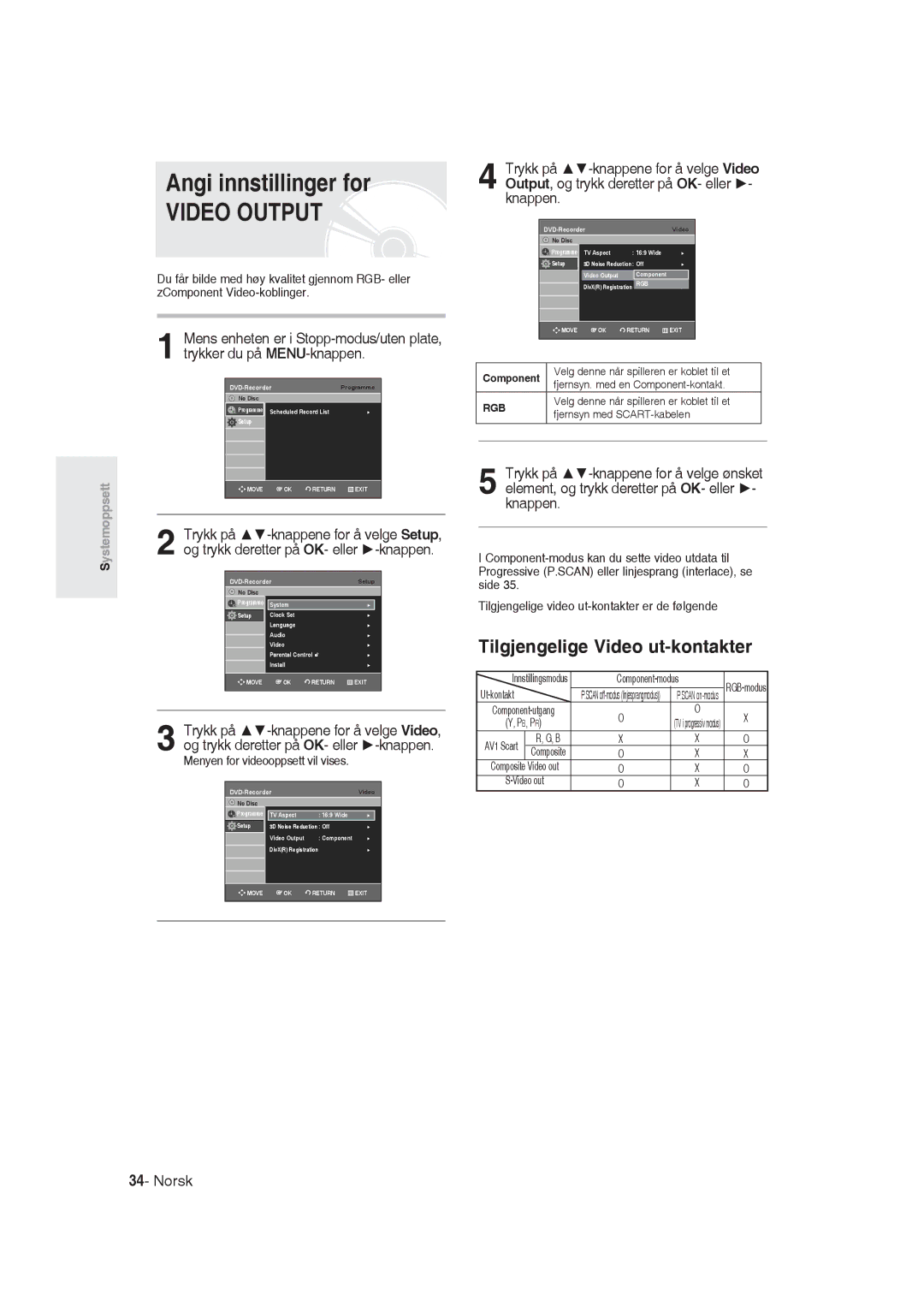 Samsung DVD-R129/XEE manual Angi innstillinger for, Tilgjengelige Video ut-kontakter, Menyen for videooppsett vil vises 