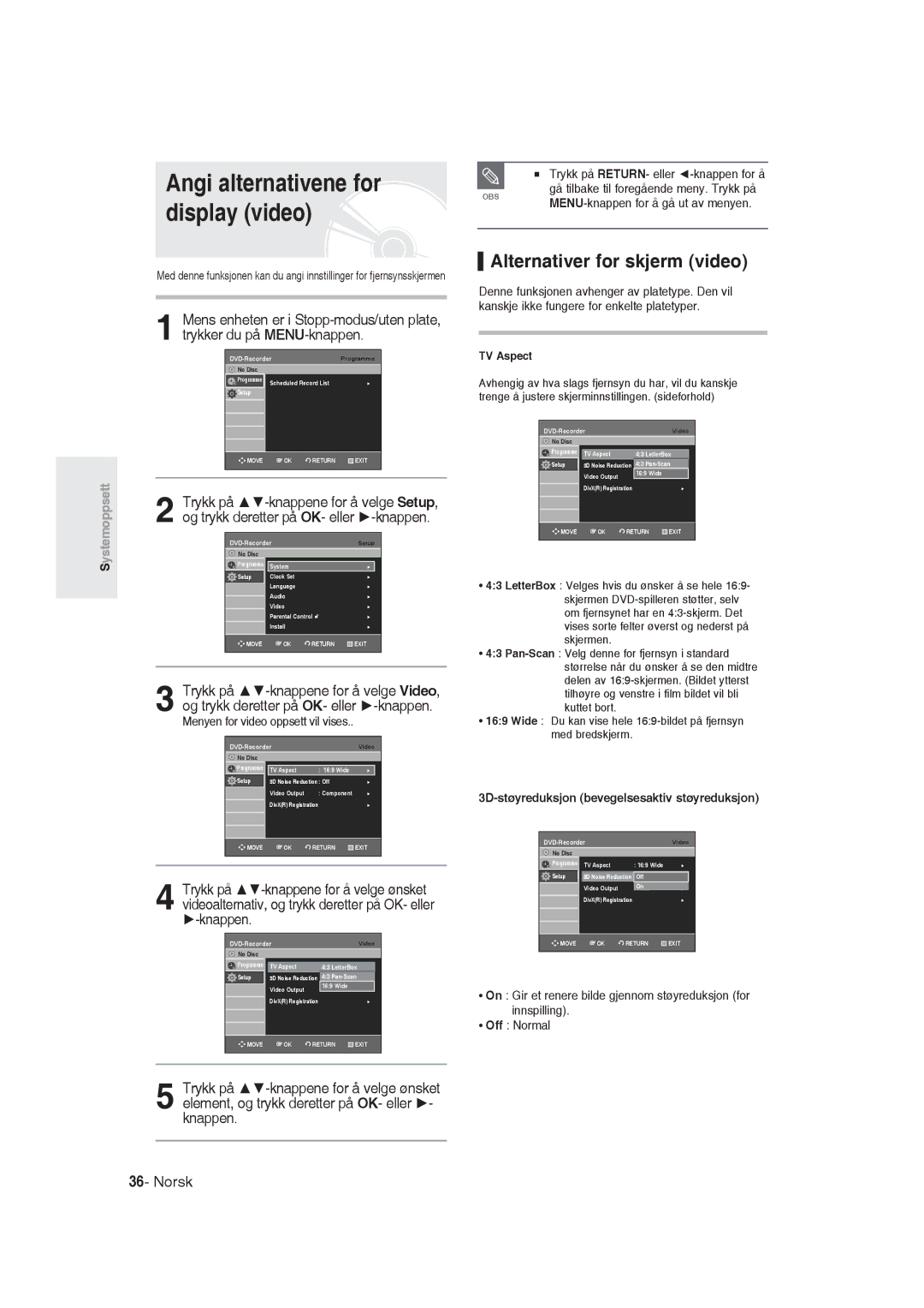 Samsung DVD-R129/XEE manual Angi alternativene for display video, Alternativer for skjerm video, TV Aspect 