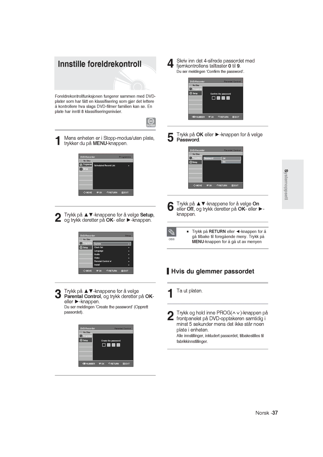 Samsung DVD-R129/XEE manual Innstille foreldrekontroll, Hvis du glemmer passordet, Ta ut platen 