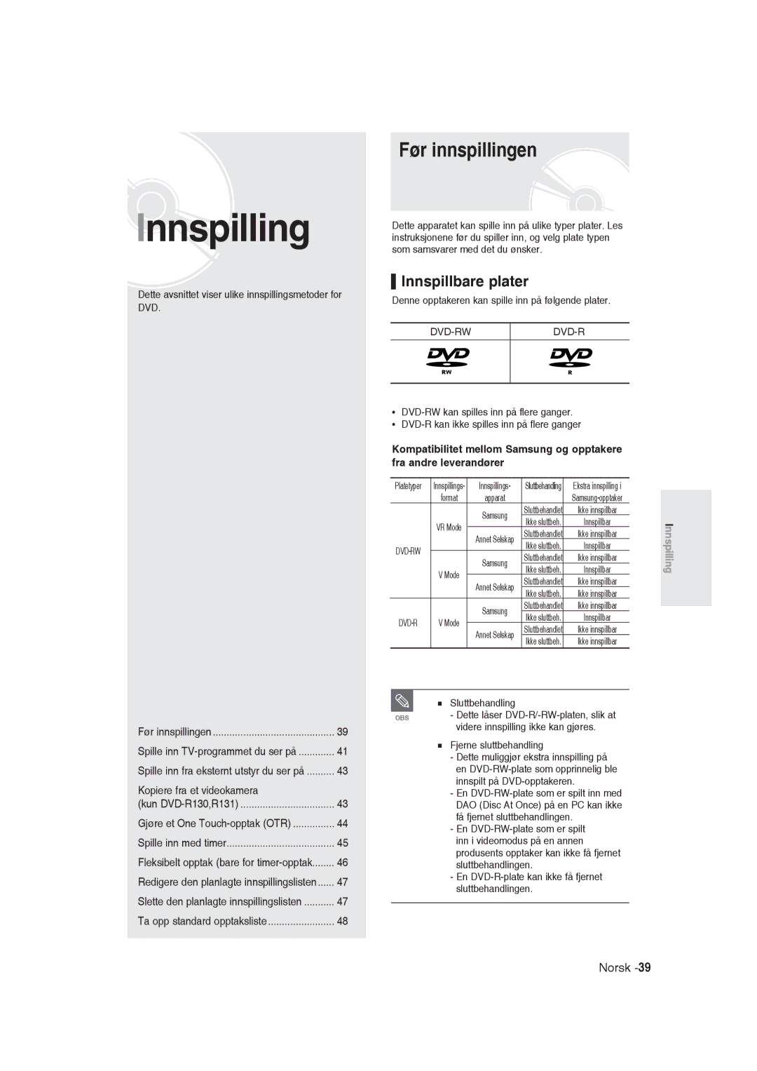 Samsung DVD-R129/XEE manual Før innspillingen, Innspillbare plater 