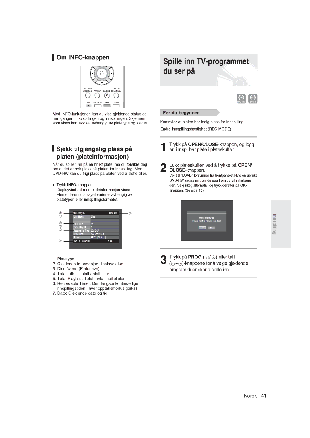 Samsung DVD-R129/XEE manual Du ser på, Sjekk tilgjengelig plass på platen plateinformasjon, Trykk på Prog / eller tall 