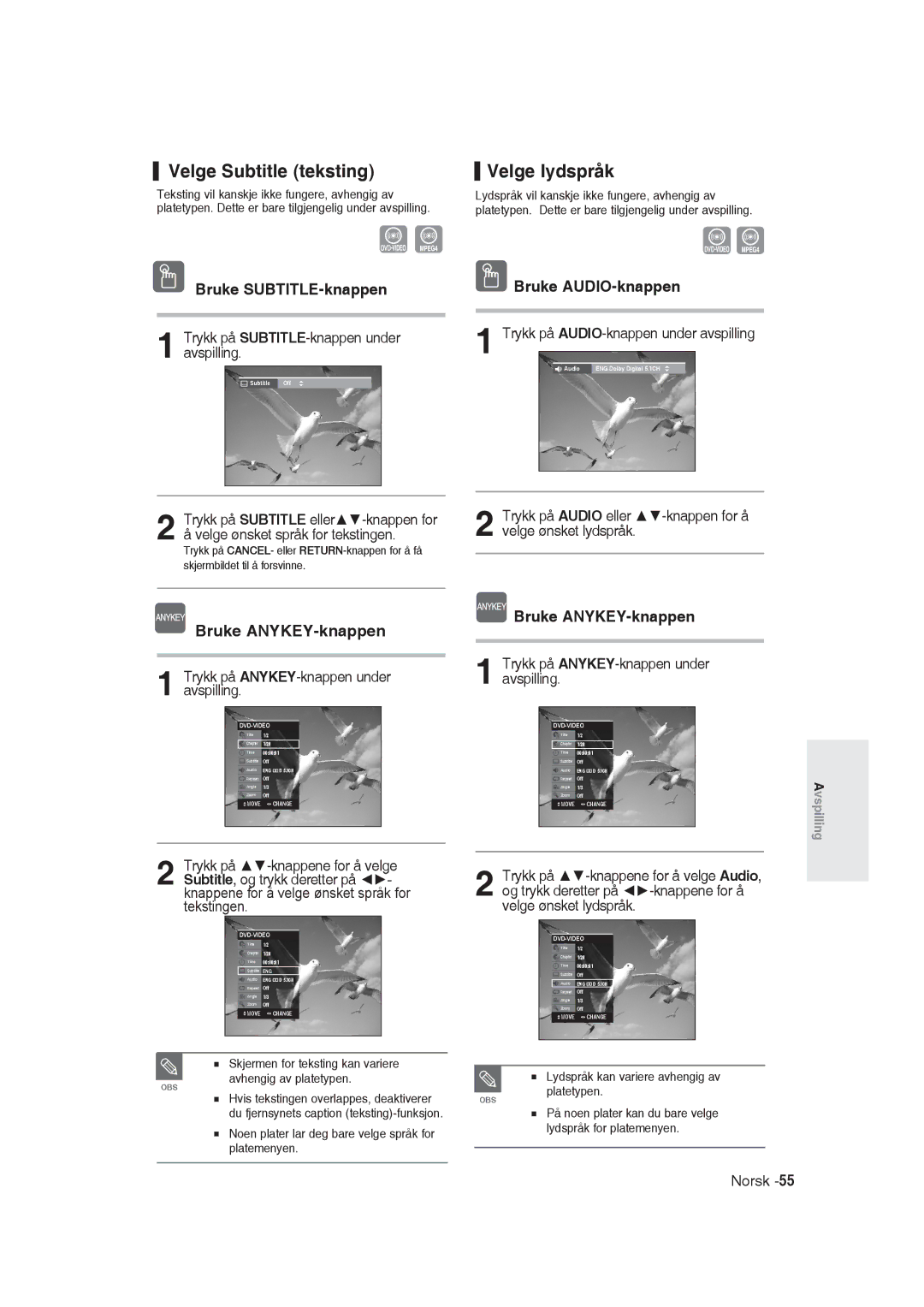 Samsung DVD-R129/XEE manual Velge Subtitle teksting, Velge lydspråk, Bruke SUBTITLE-knappen, Bruke AUDIO-knappen 