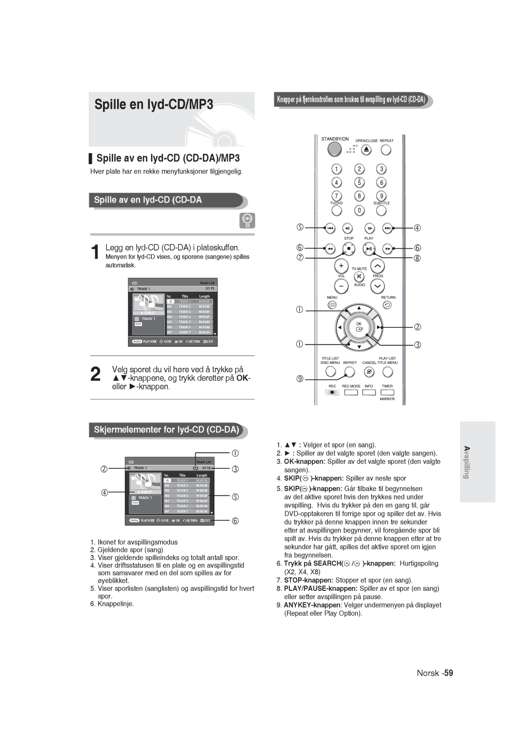 Samsung DVD-R129/XEE manual Spille en lyd-CD/MP3, Spille av en lyd-CD CD-DA/MP3, Skjermelementer for lyd-CD CD-DA 