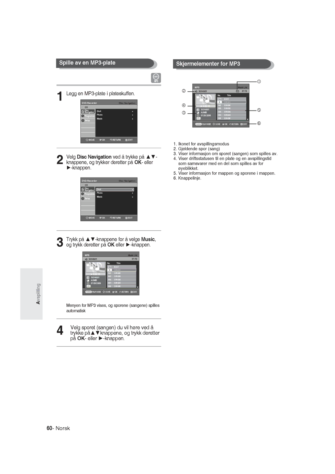 Samsung DVD-R129/XEE manual Spille av en MP3-plate, Skjermelementer for MP3, Legg en MP3-plate i plateskuffen 