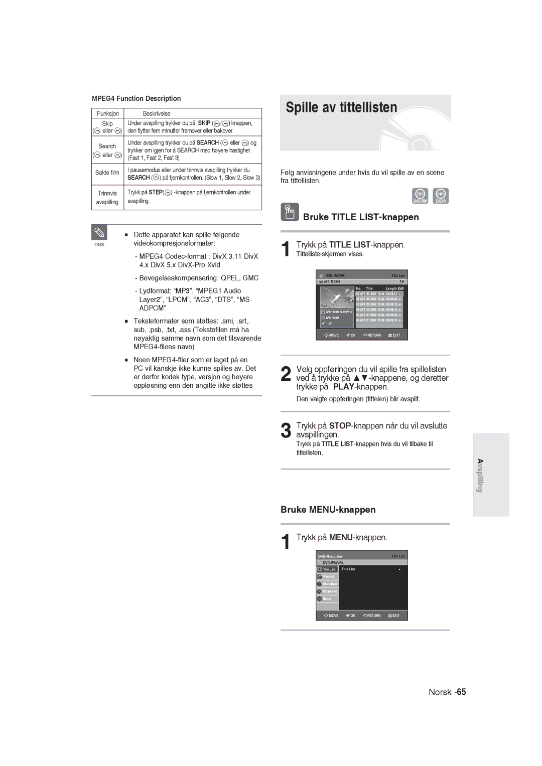 Samsung DVD-R129/XEE manual Spille av tittellisten, Bruke Title LIST-knappen, Bruke MENU-knappen 