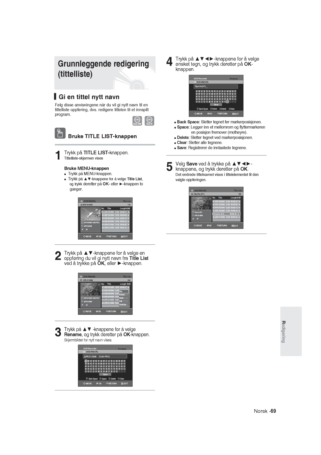 Samsung DVD-R129/XEE manual Grunnleggende redigering tittelliste, Gi en tittel nytt navn, Bruke MENU-knappen, Ganger 