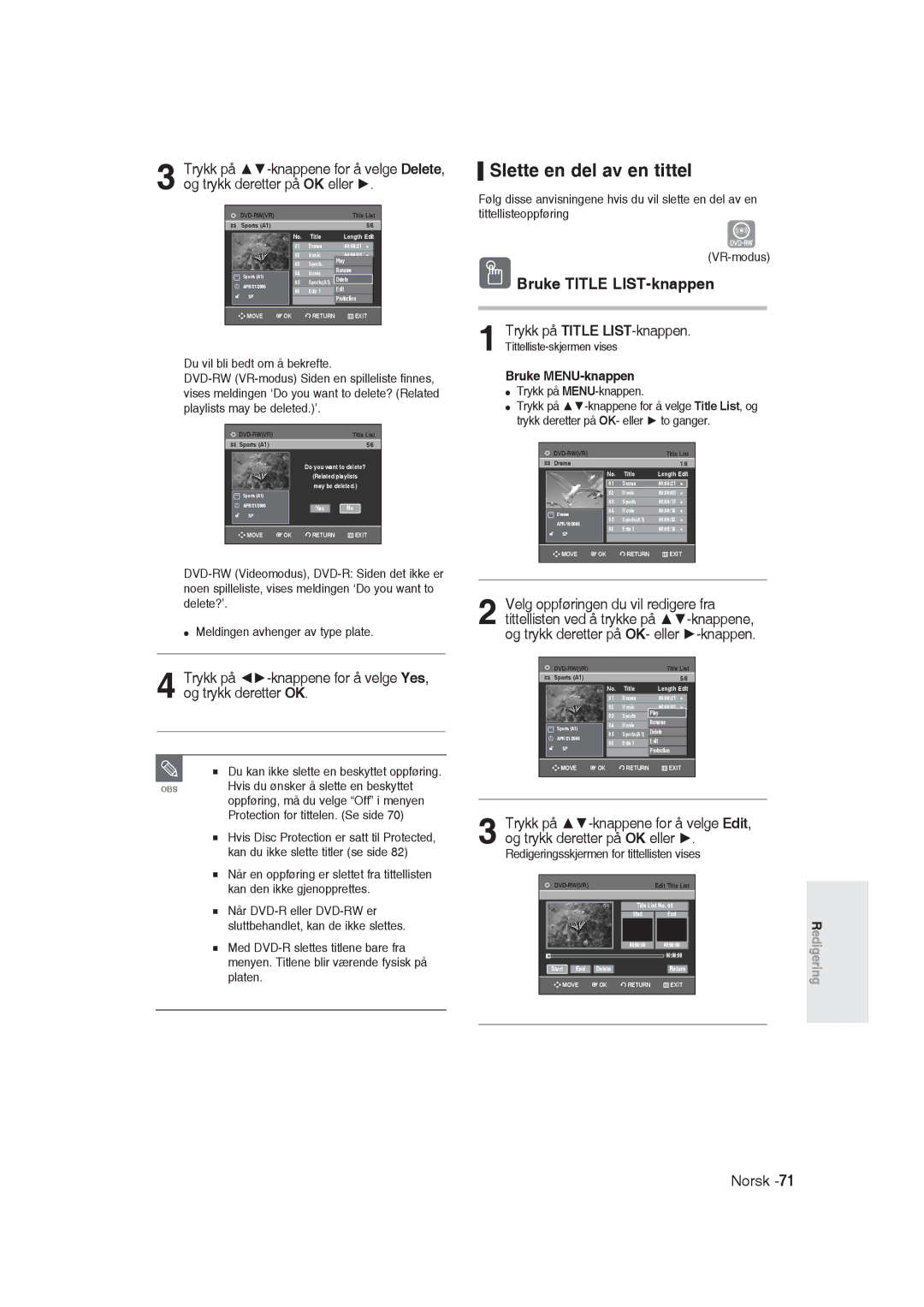 Samsung DVD-R129/XEE manual Slette en del av en tittel, Trykk på -knappene for å velge Yes, og trykk deretter OK 