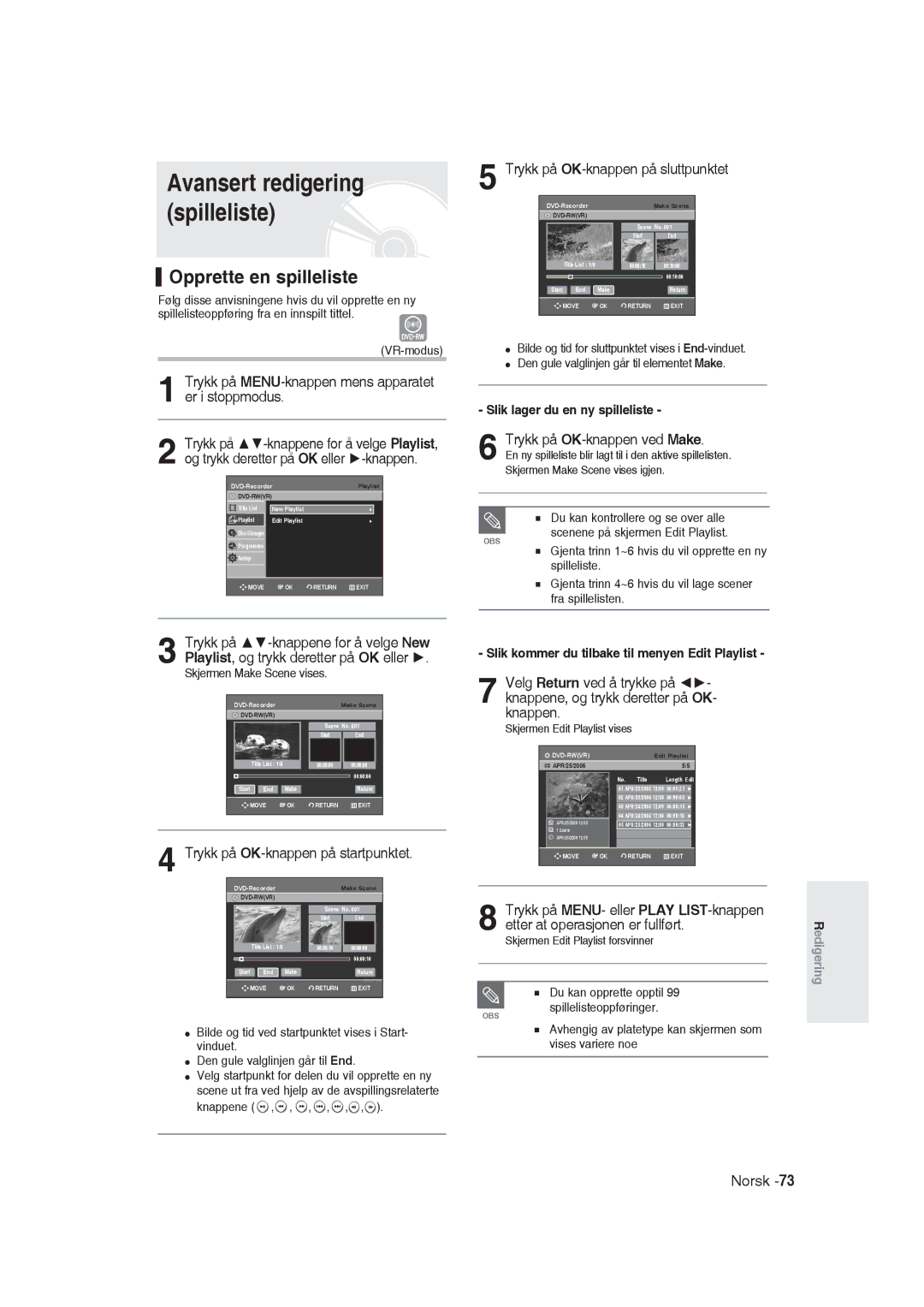 Samsung DVD-R129/XEE manual Avansert redigering spilleliste, Opprette en spilleliste, Trykk på OK-knappen ved Make 