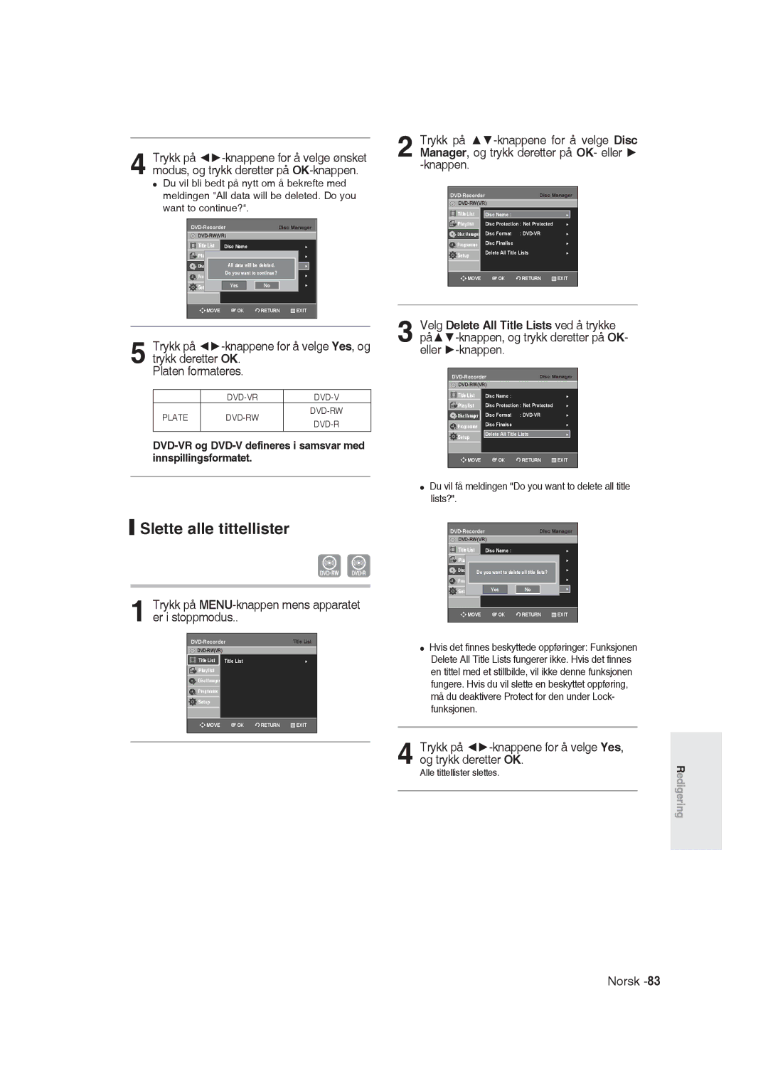 Samsung DVD-R129/XEE manual Slette alle tittellister, Du vil få meldingen Do you want to delete all title lists? 