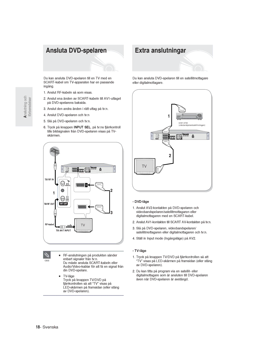 Samsung DVD-R129/XEE manual Ansluta DVD-spelaren Extra anslutningar, DVD-läge, TV-läge 