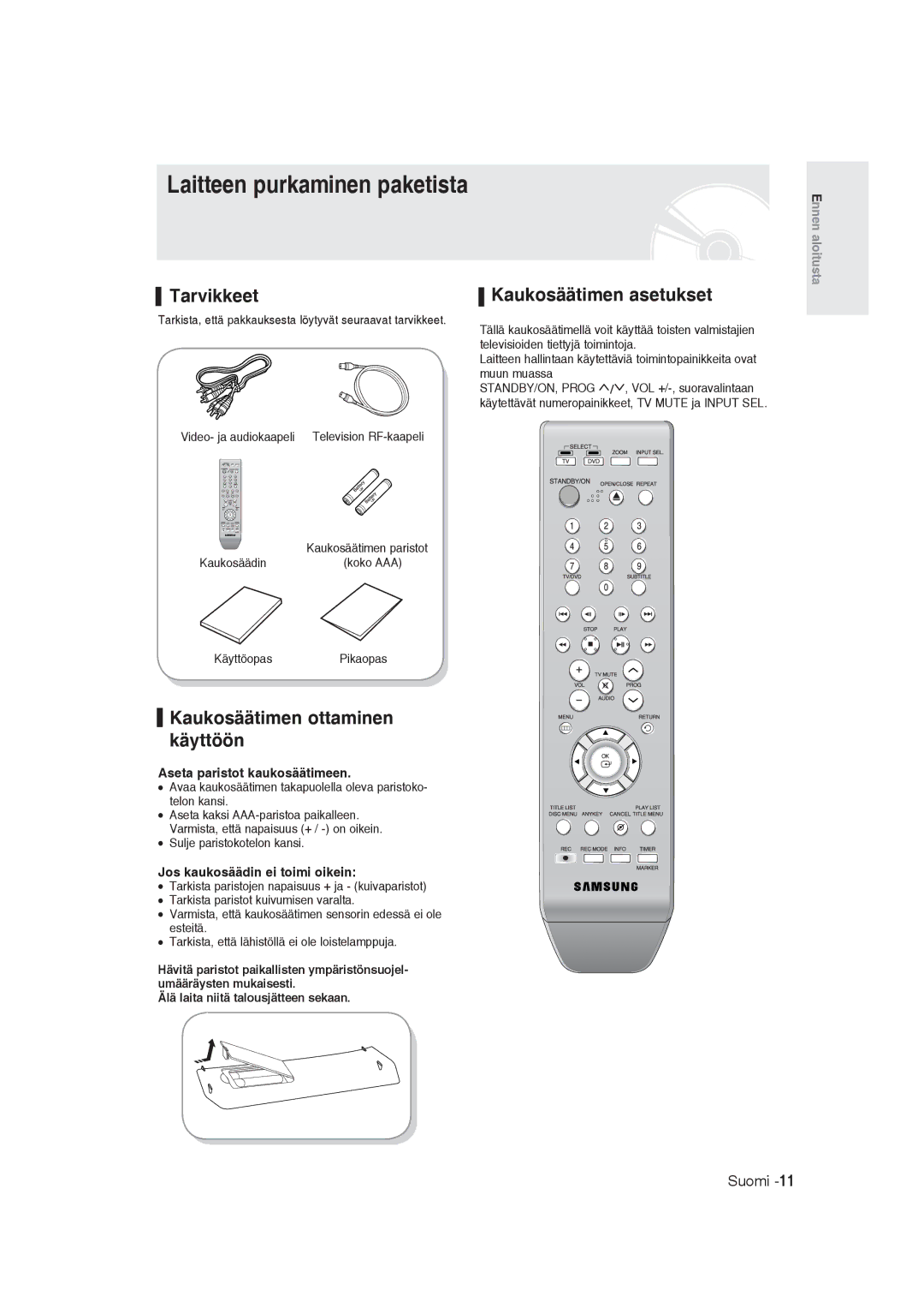 Samsung DVD-R129/XEE Laitteen purkaminen paketista, Tarvikkeet, Kaukosäätimen ottaminen käyttöön, Kaukosäätimen asetukset 