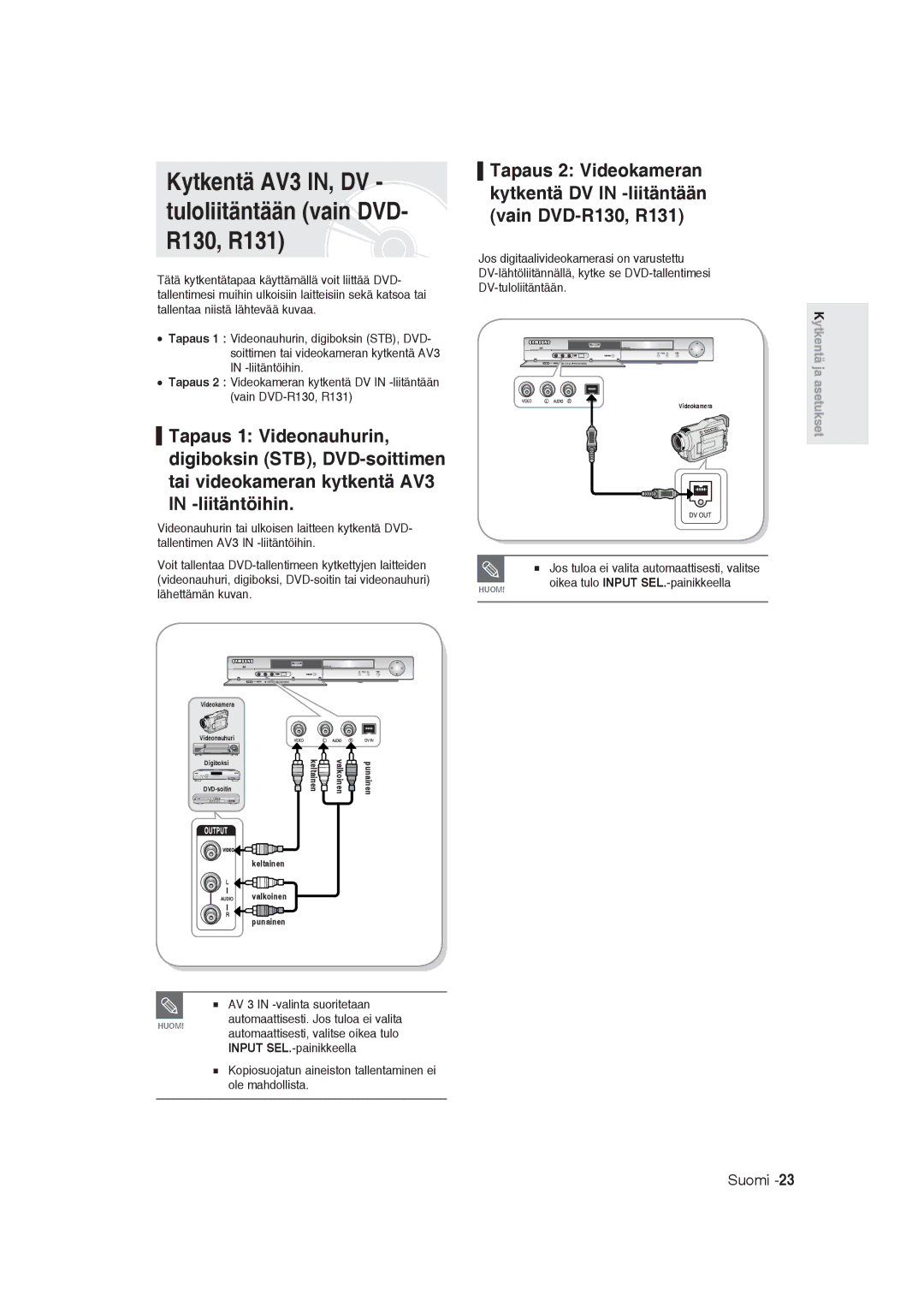 Samsung DVD-R129/XEE manual Kytkentä AV3 IN, DV tuloliitäntään vain DVD- R130, R131, Oikea tulo Input SEL.-painikkeella 