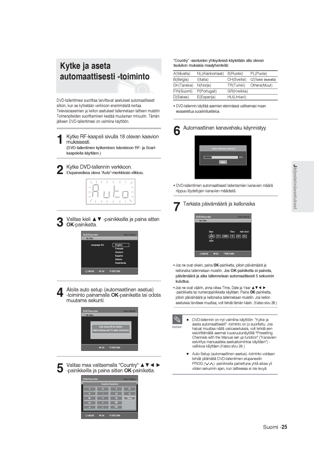 Samsung DVD-R129/XEE manual Kytke ja aseta automaattisesti -toiminto 