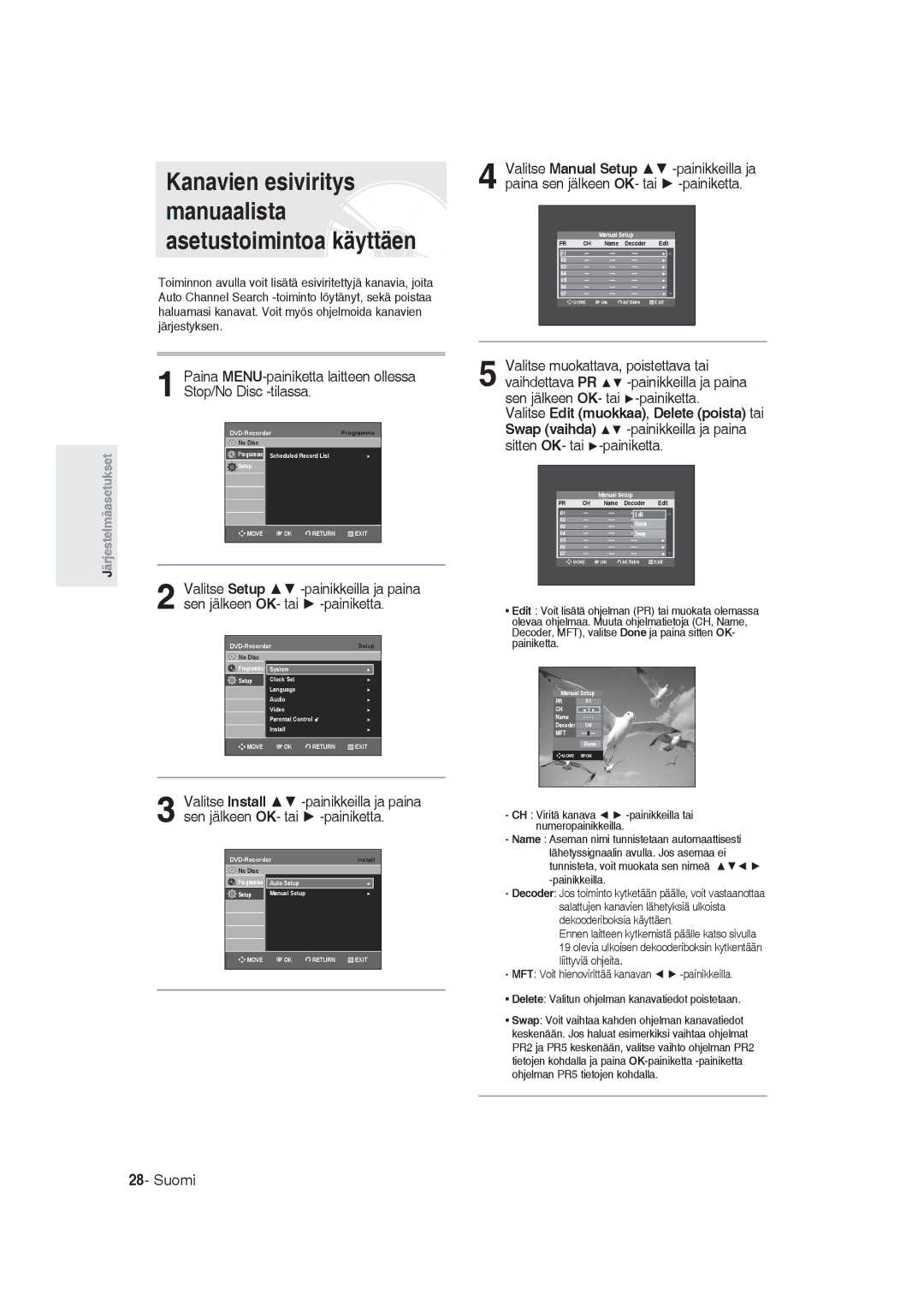 Samsung DVD-R129/XEE manual Kanavien esiviritys manuaalista asetustoimintoa käyttäen 