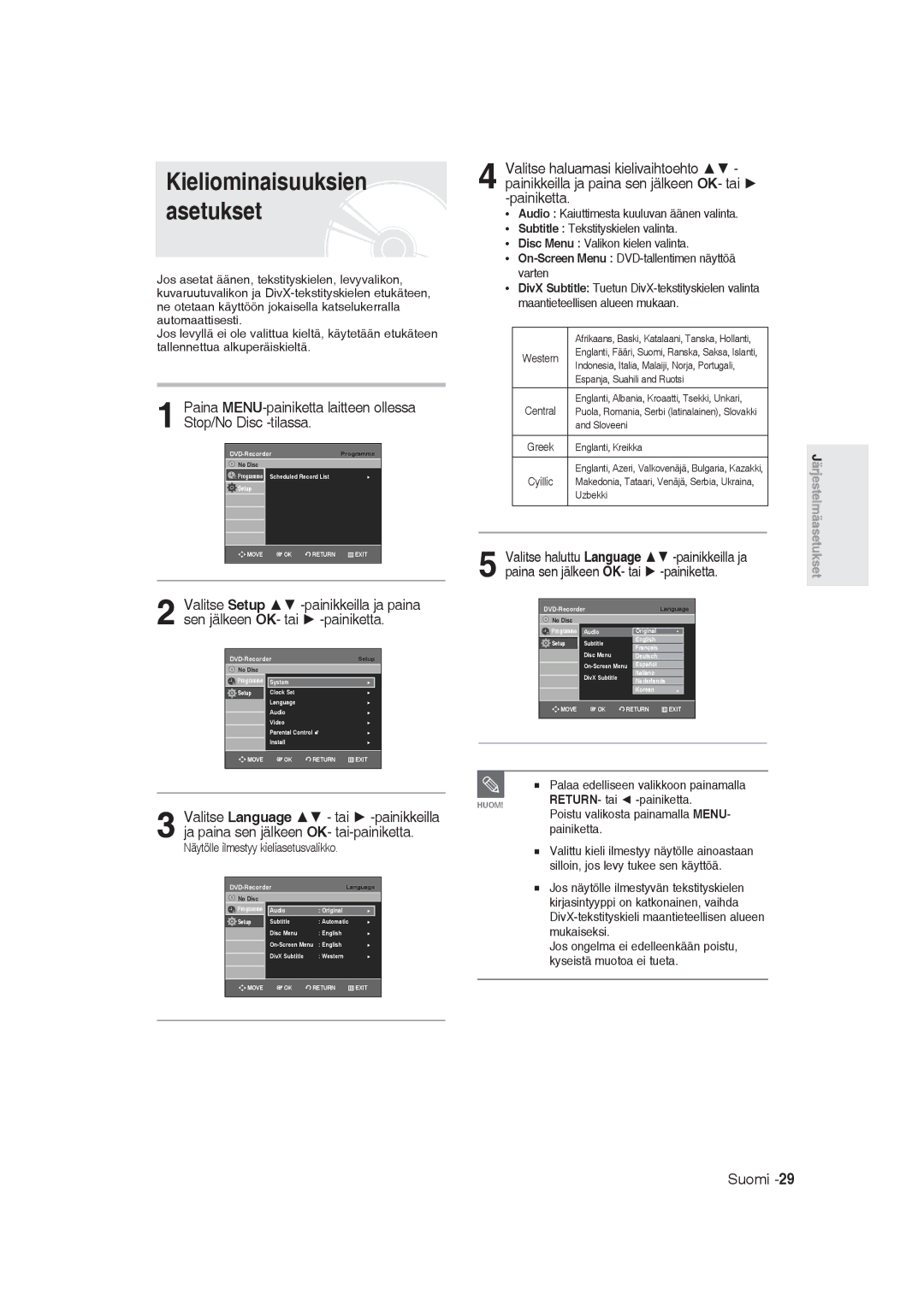 Samsung DVD-R129/XEE manual Kieliominaisuuksien asetukset, Näytölle ilmestyy kieliasetusvalikko 