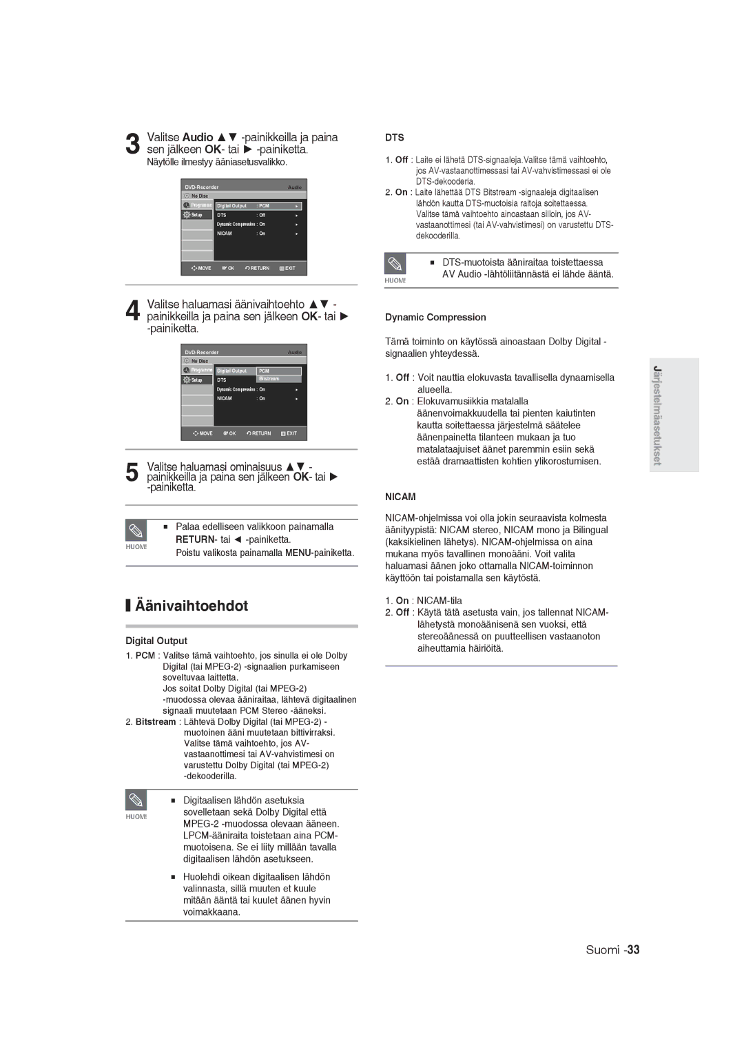 Samsung DVD-R129/XEE manual Äänivaihtoehdot, Poistu valikosta painamalla MENU-painiketta 