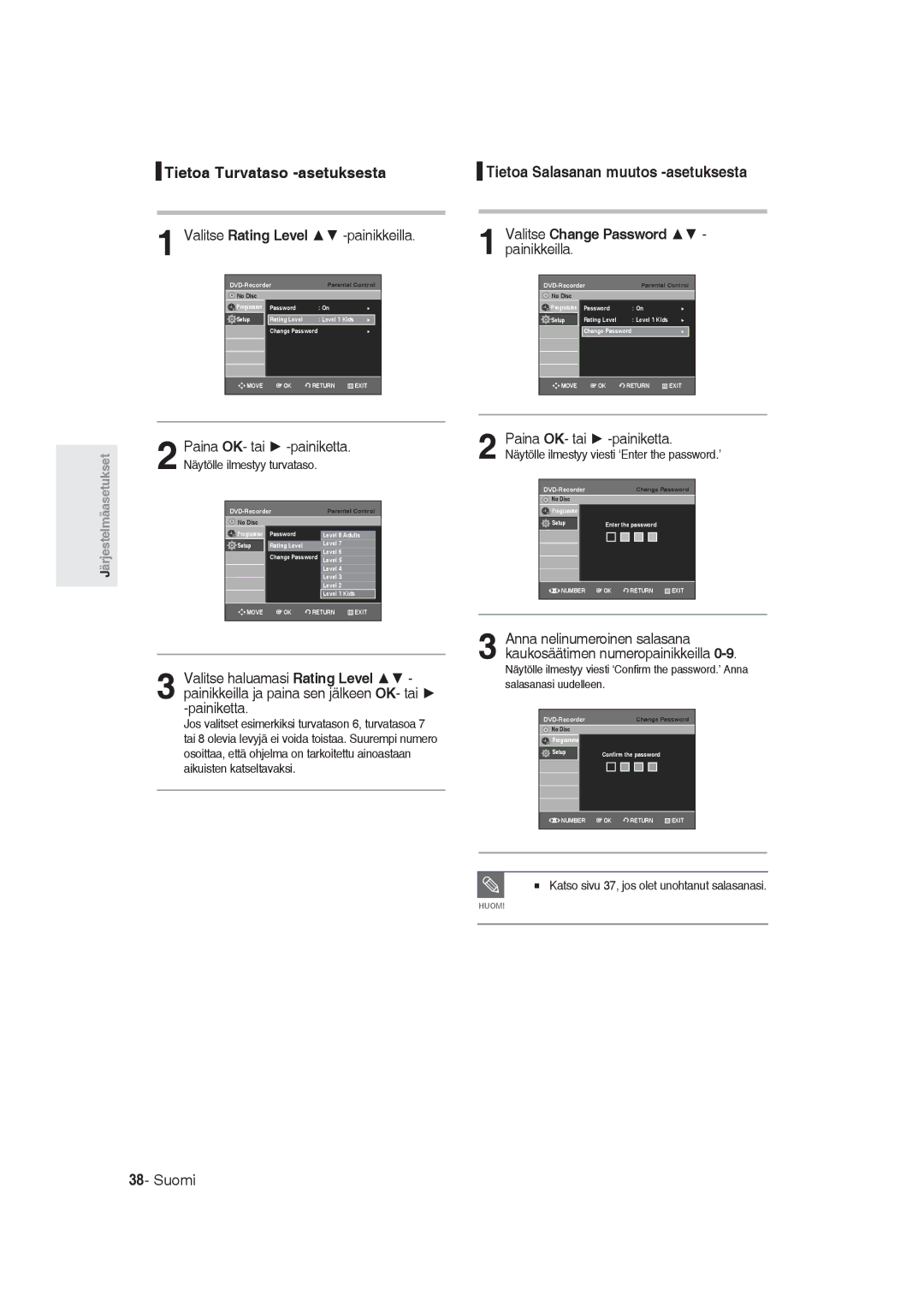 Samsung DVD-R129/XEE manual Tietoa Turvataso -asetuksesta, Tietoa Salasanan muutos -asetuksesta, Paina OK- tai -painiketta 