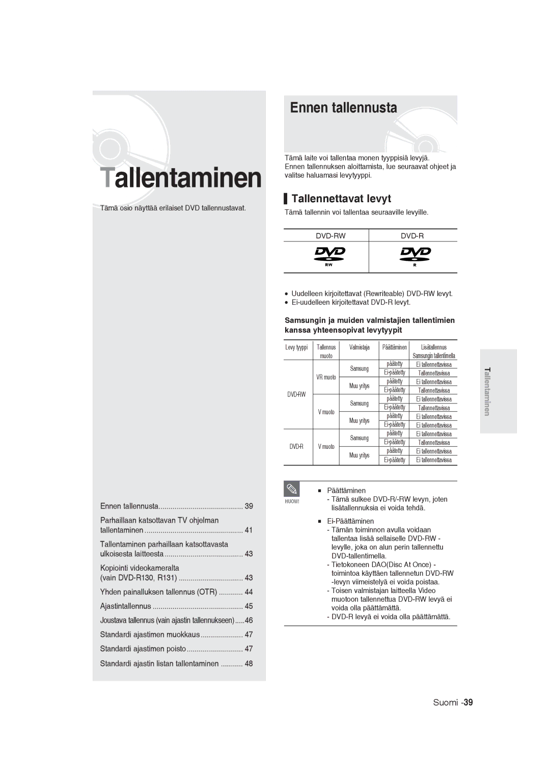 Samsung DVD-R129/XEE manual Ennen tallennusta, Tallennettavat levyt 