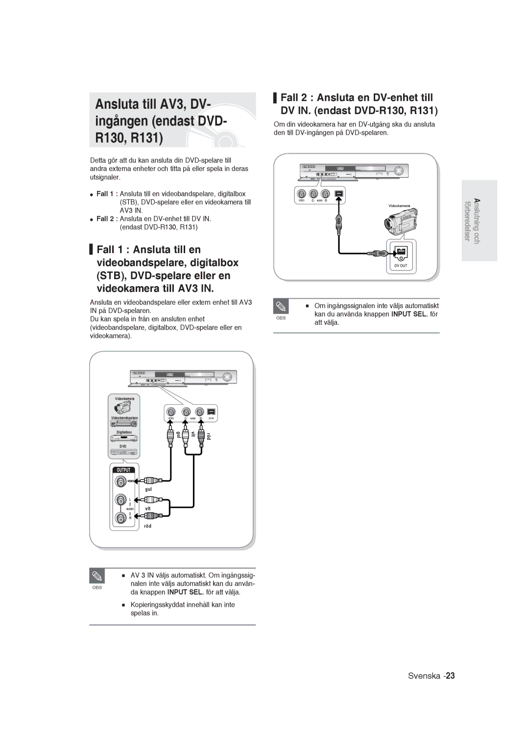 Samsung DVD-R129/XEE manual Ansluta till AV3, DV- ingången endast DVD- R130, R131 