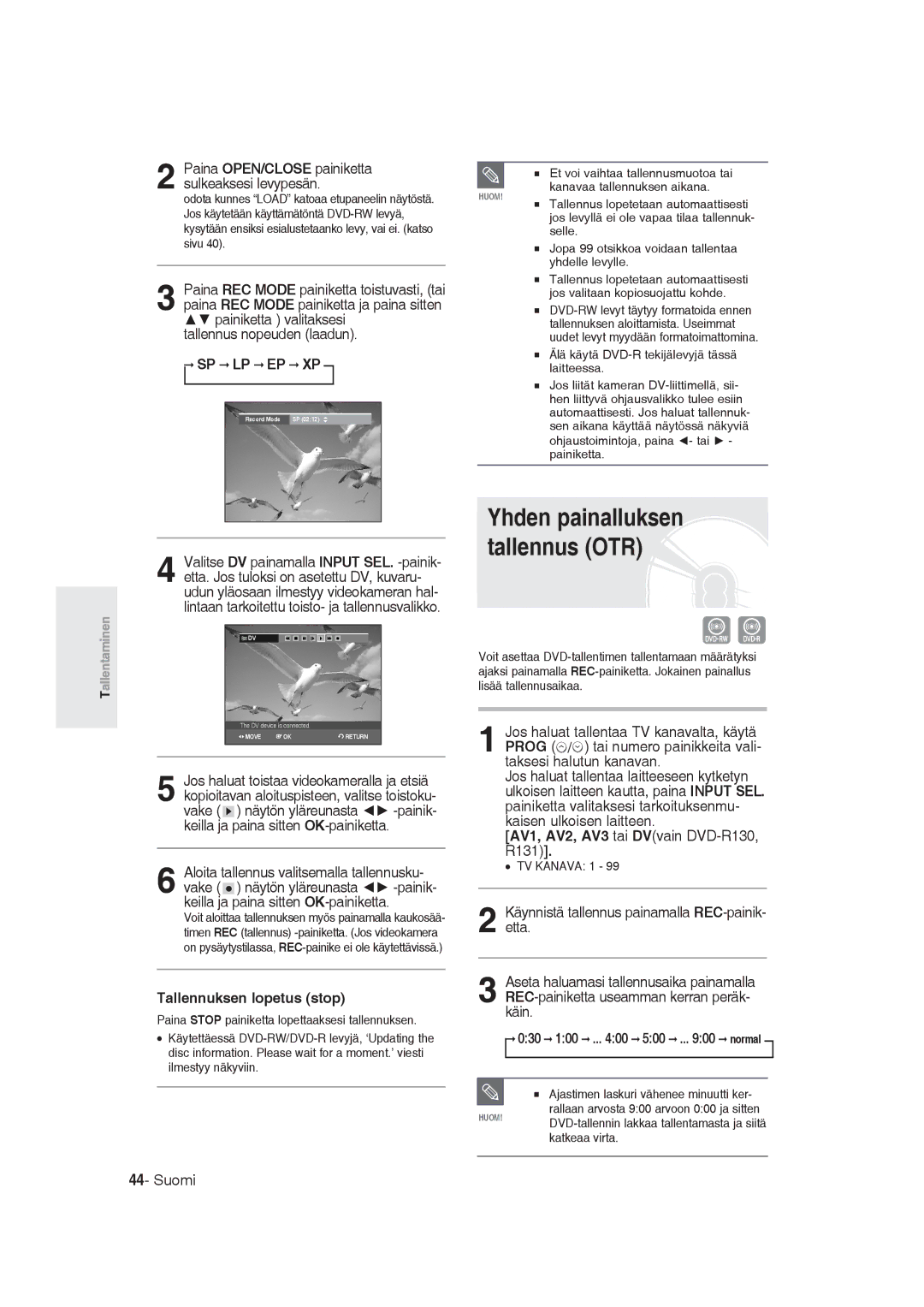 Samsung DVD-R129/XEE manual AV1, AV2, AV3 tai DVvain DVD-R130, R131, TV Kanava 1 