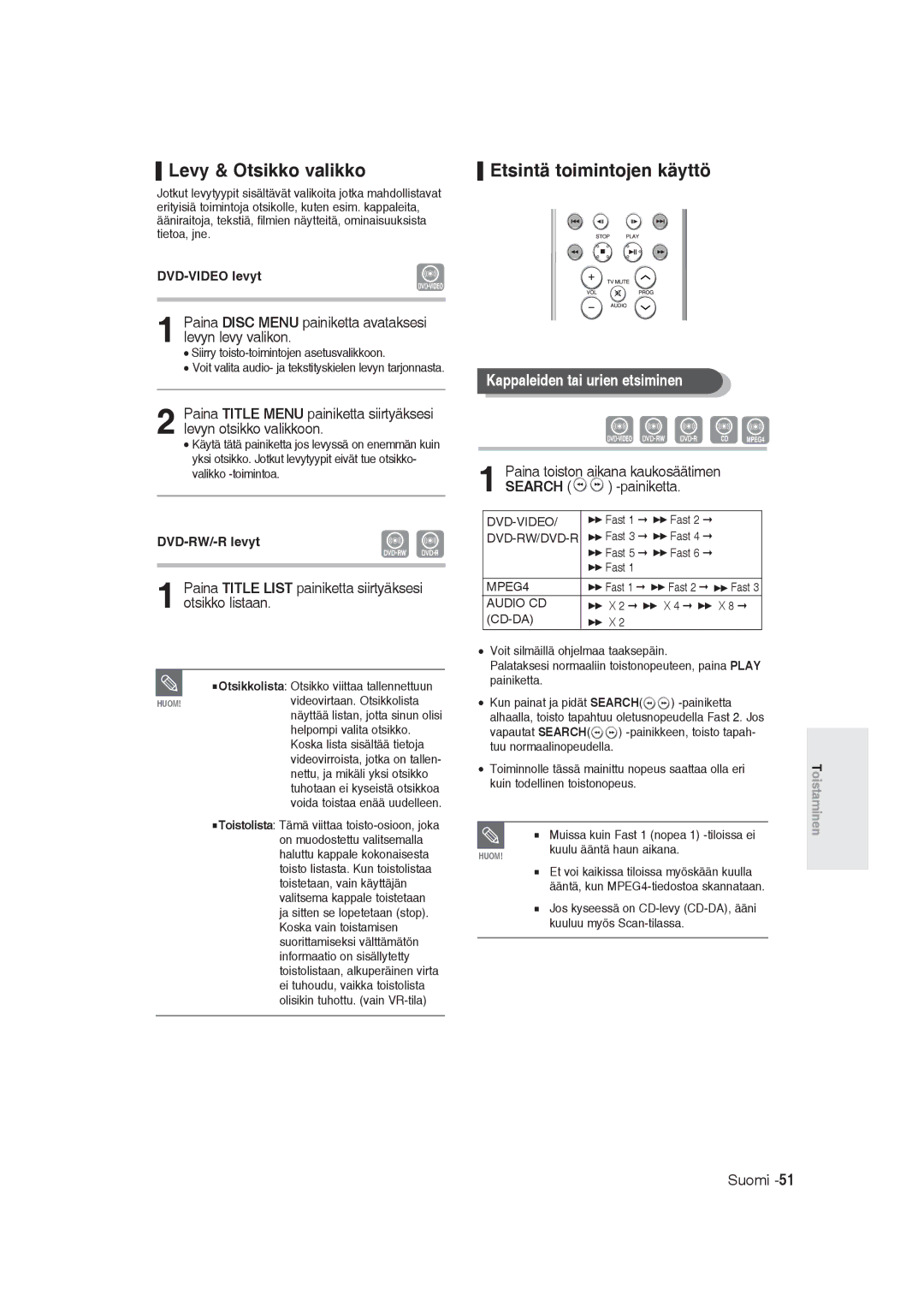 Samsung DVD-R129/XEE manual Levy & Otsikko valikko, Etsintä toimintojen käyttö, Kappaleiden tai urien etsiminen 