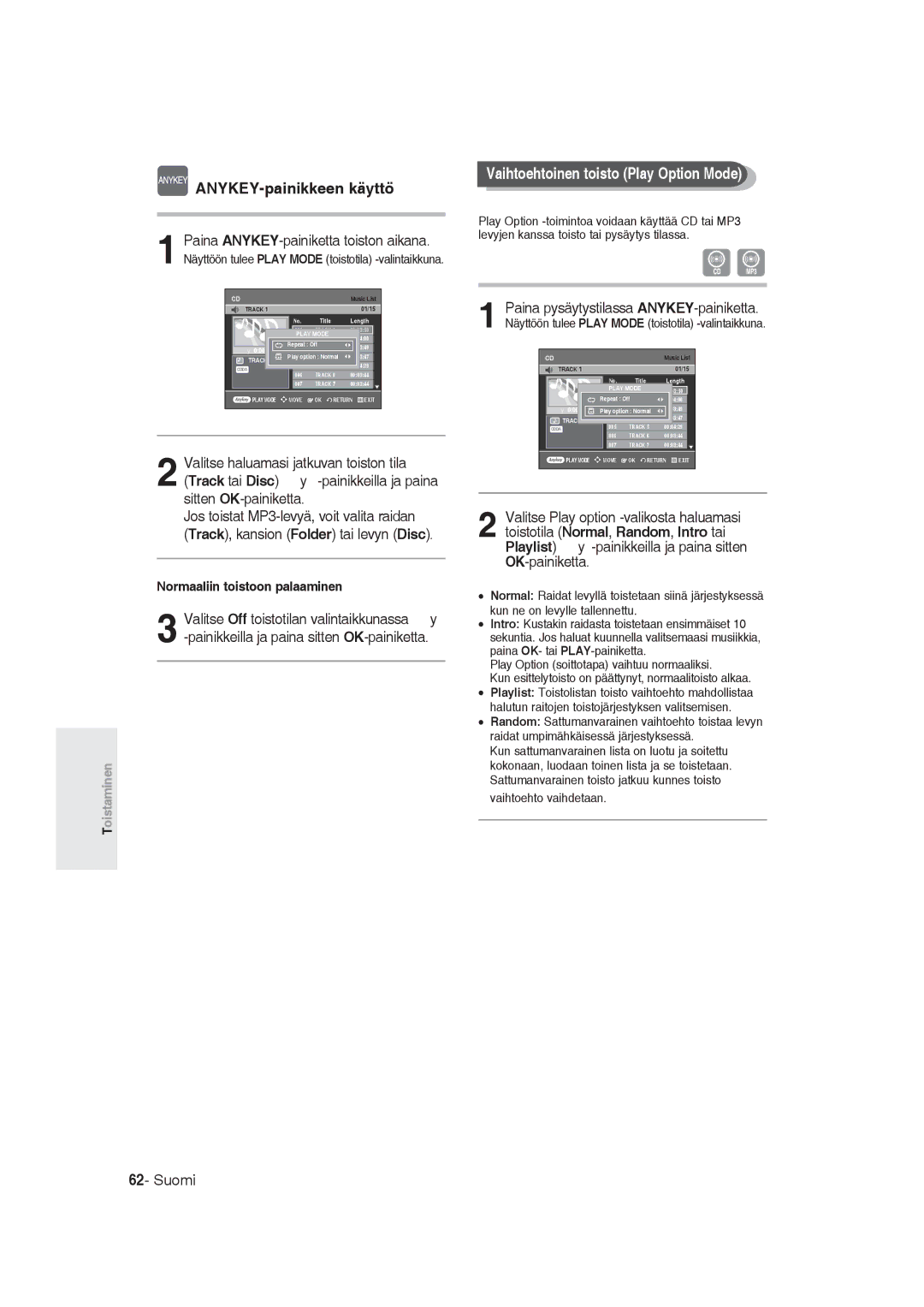 Samsung DVD-R129/XEE manual ANYKEY-painikkeen käyttö, Vaihtoehtoinen toisto Play Option Mode, Vaihtoehto vaihdetaan 