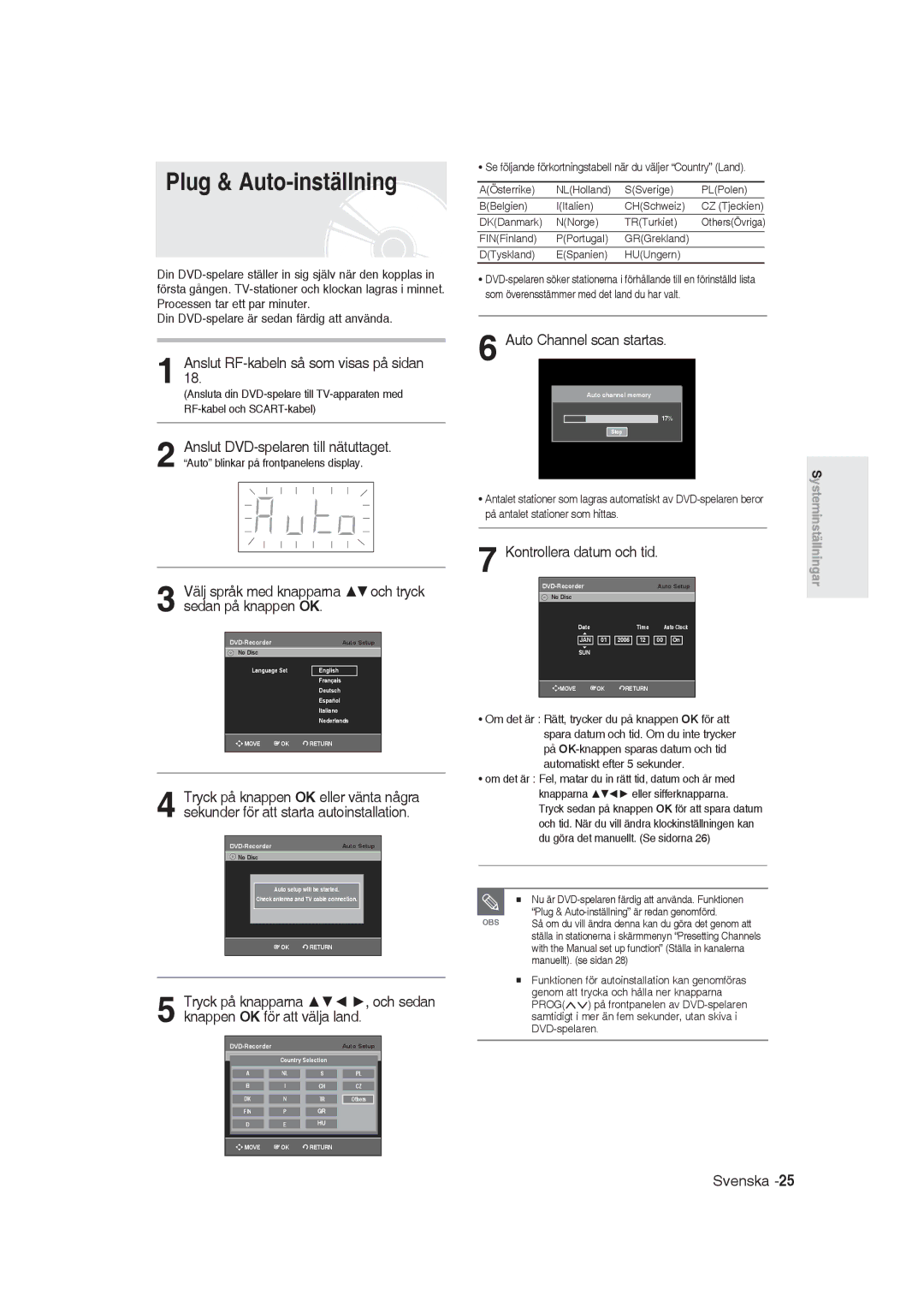 Samsung DVD-R129/XEE manual Plug & Auto-inställning, Knappen OK för att välja land 