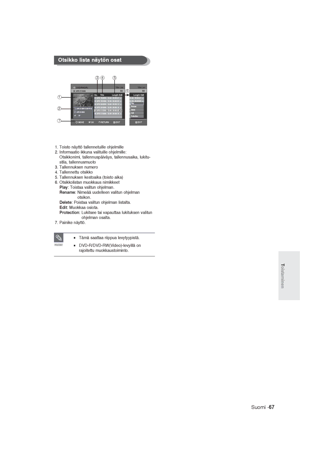 Samsung DVD-R129/XEE manual Otsikko lista näytön osat, Rajoitettu muokkaustoiminto 