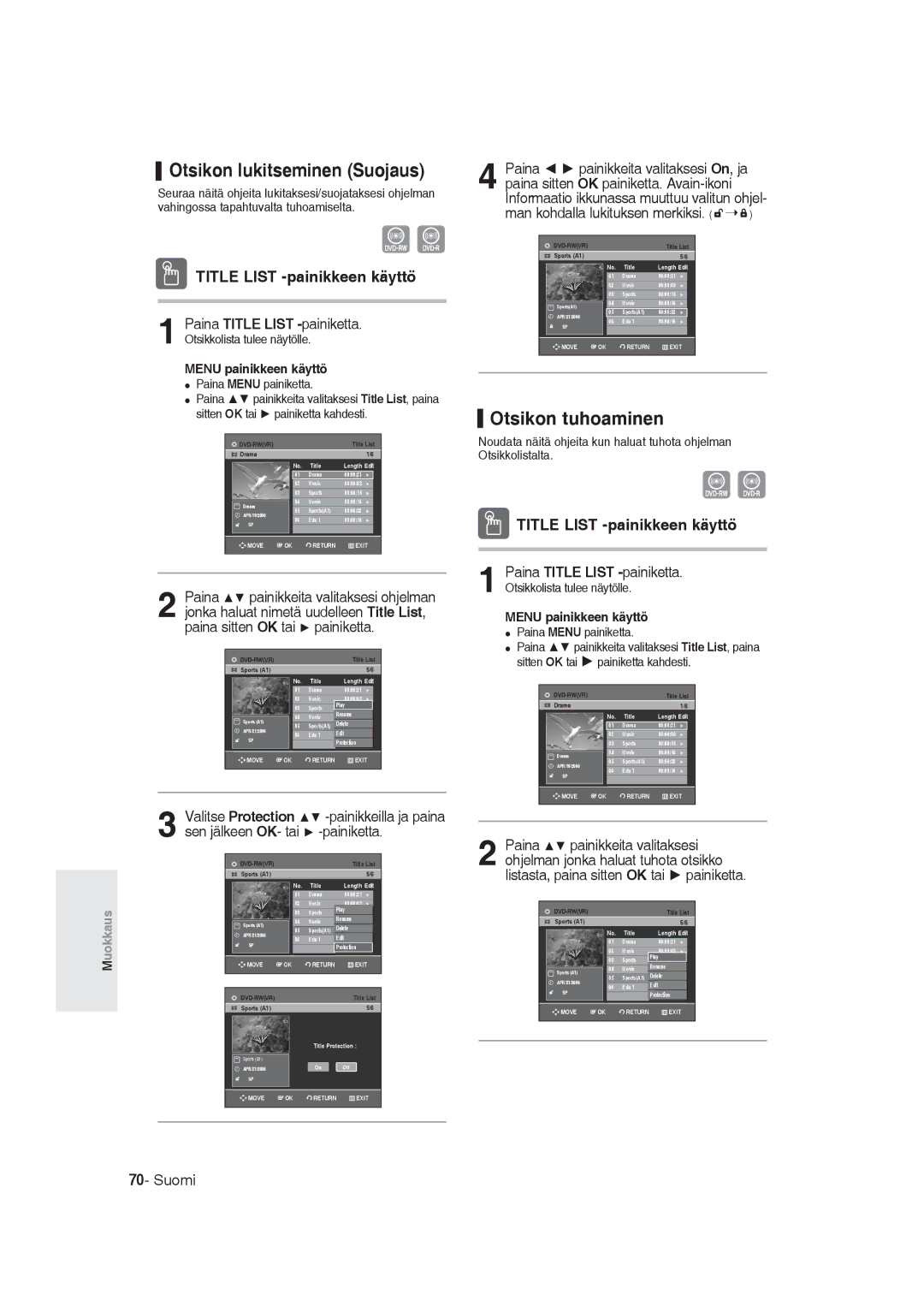 Samsung DVD-R129/XEE manual Otsikon lukitseminen Suojaus, Otsikon tuhoaminen, Man kohdalla lukituksen merkiksi 