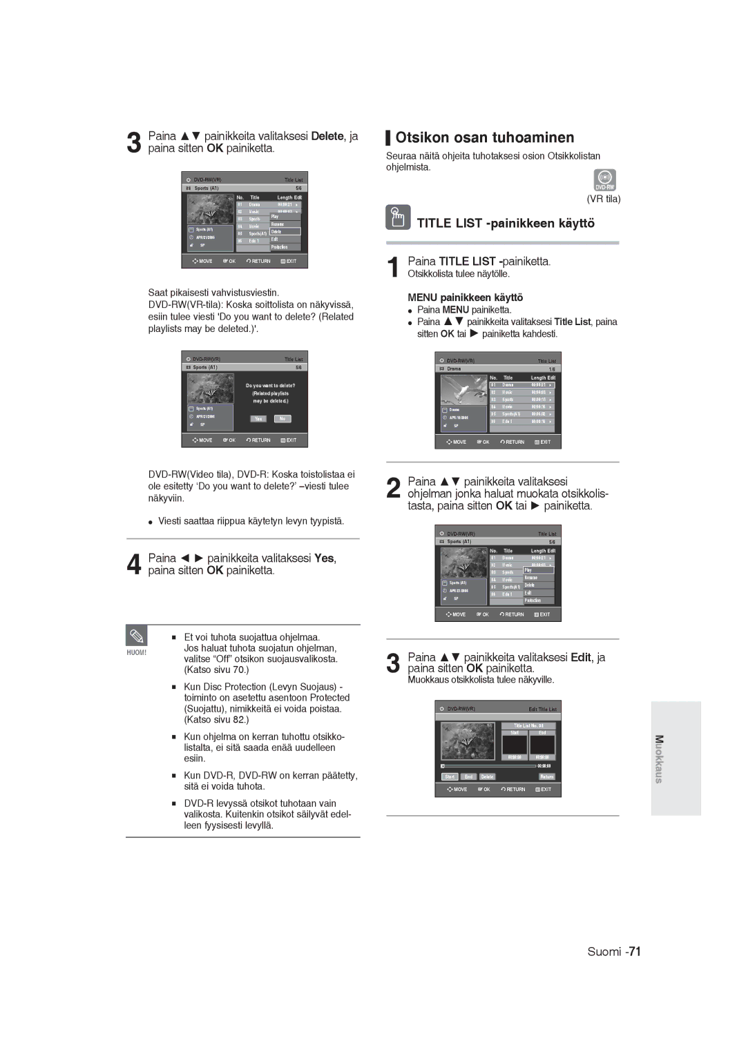 Samsung DVD-R129/XEE manual Otsikon osan tuhoaminen, Muokkaus otsikkolista tulee näkyville 