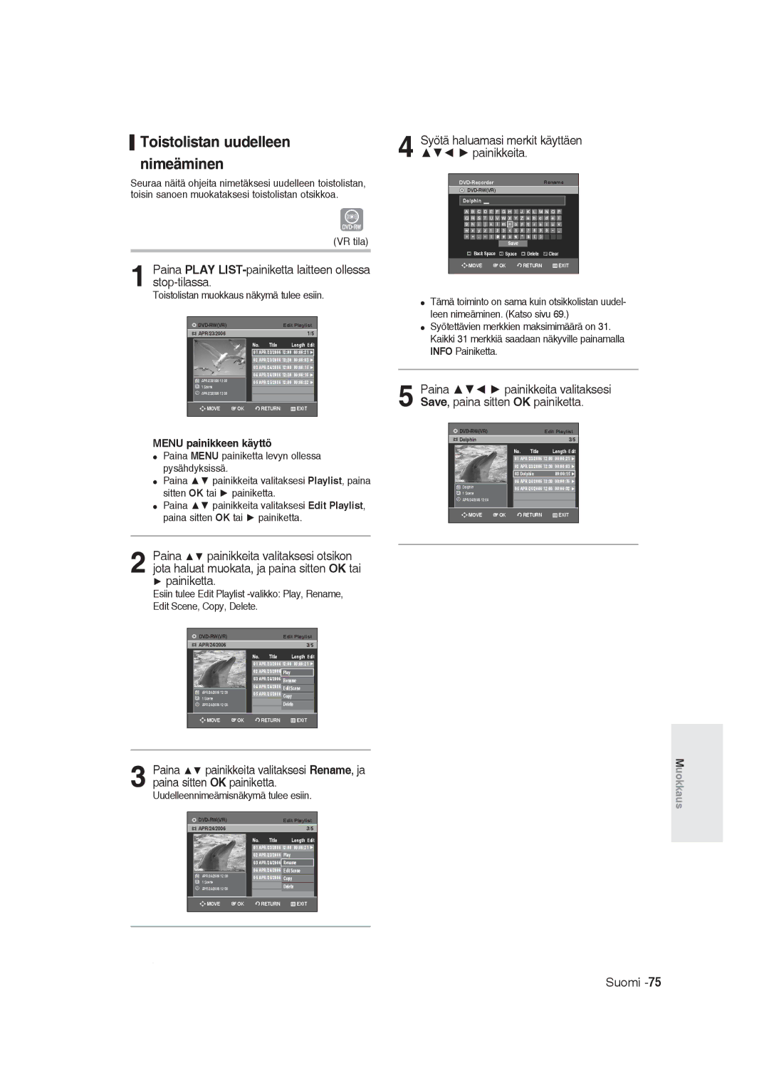 Samsung DVD-R129/XEE manual Toistolistan muokkaus näkymä tulee esiin, Uudelleennimeämisnäkymä tulee esiin 