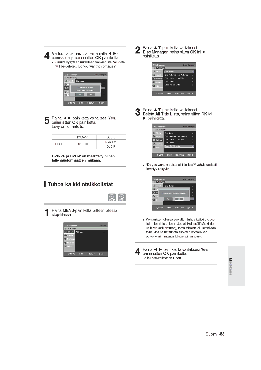 Samsung DVD-R129/XEE manual Tuhoa kaikki otsikkolistat, Kaikki otsikkolistat on tuhottu 