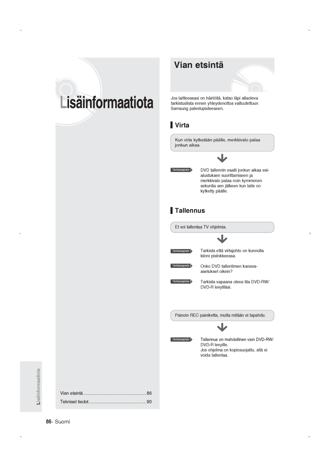 Samsung DVD-R129/XEE manual Vian etsintä, Virta, Tallennus 