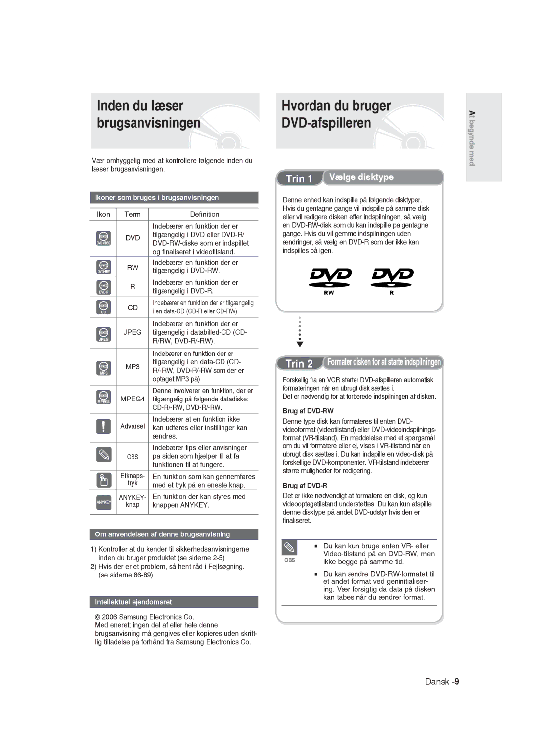 Samsung DVD-R129/XEE manual Hvordan du bruger DVD-afspilleren, Brug af DVD-RW 