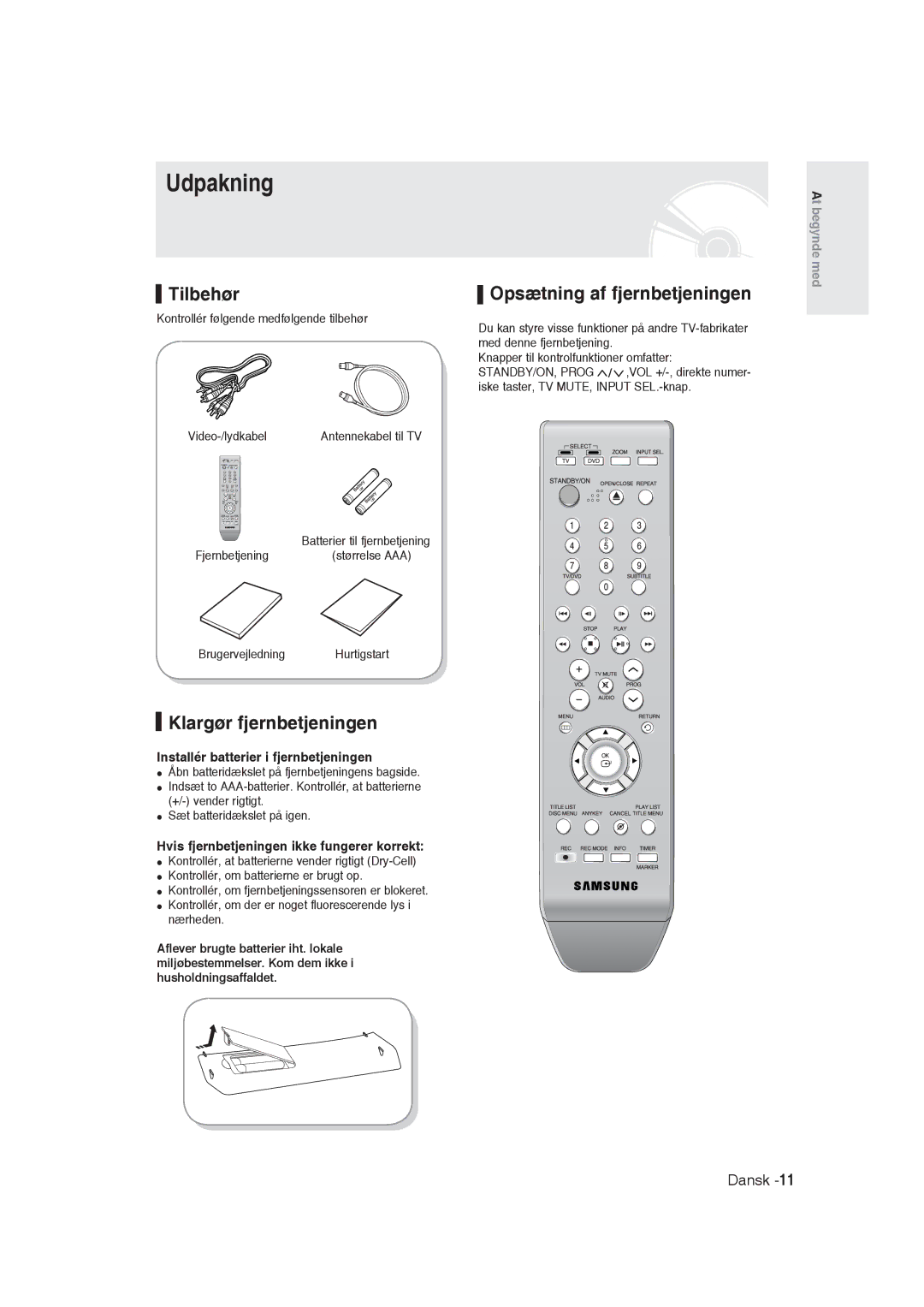 Samsung DVD-R129/XEE manual Udpakning, Klargør fjernbetjeningen, Opsætning af fjernbetjeningen 