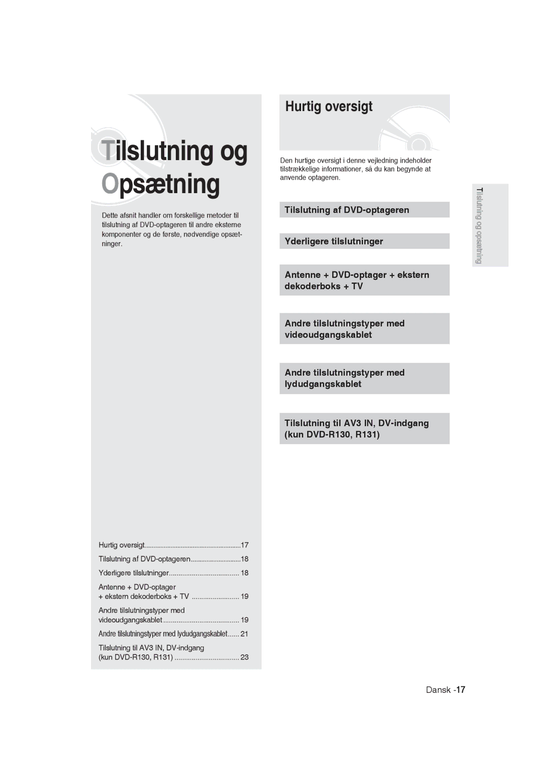 Samsung DVD-R129/XEE Hurtig oversigt, Tilslutning til AV3 IN, DV-indgang kun DVD-R130, R131, + ekstern dekoderboks + TV 