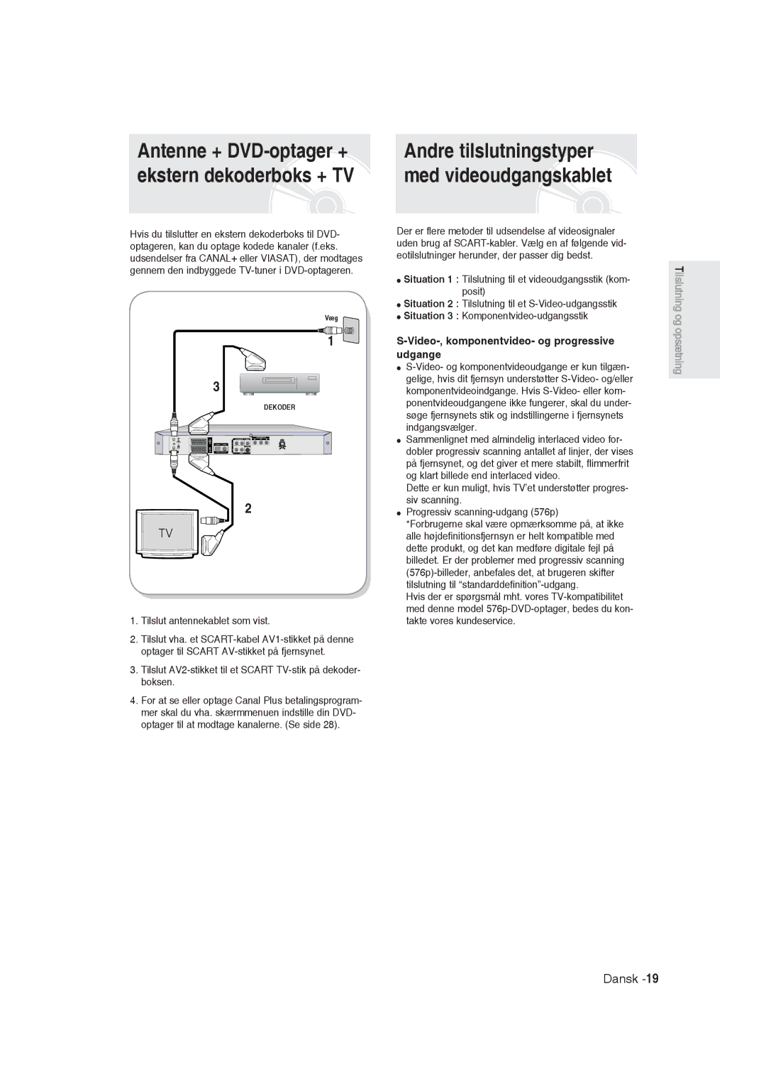 Samsung DVD-R129/XEE manual Video-, komponentvideo- og progressive udgange 