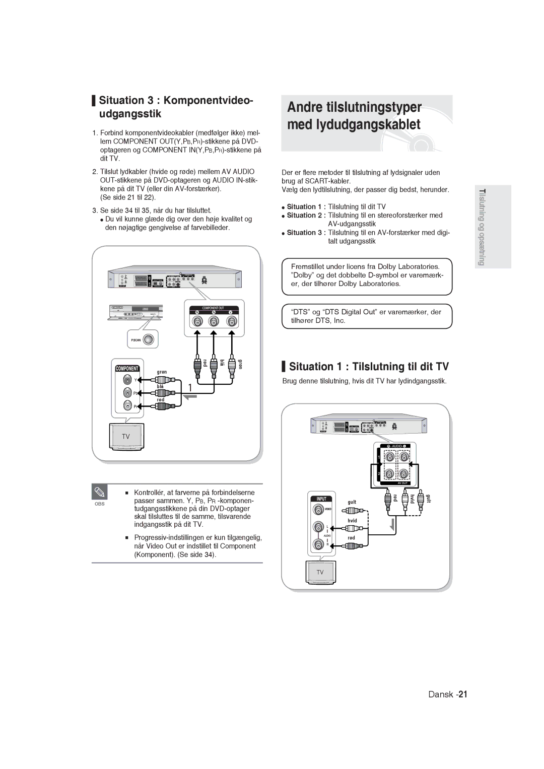 Samsung DVD-R129/XEE manual Andre tilslutningstyper med lydudgangskablet, Situation 3 Komponentvideo- udgangsstik 