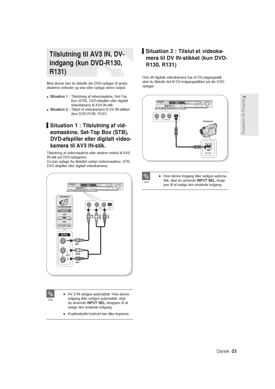 Samsung DVD-R129/XEE manual Tilslutning til AV3 IN, DV- indgang kun DVD-R130, R131 