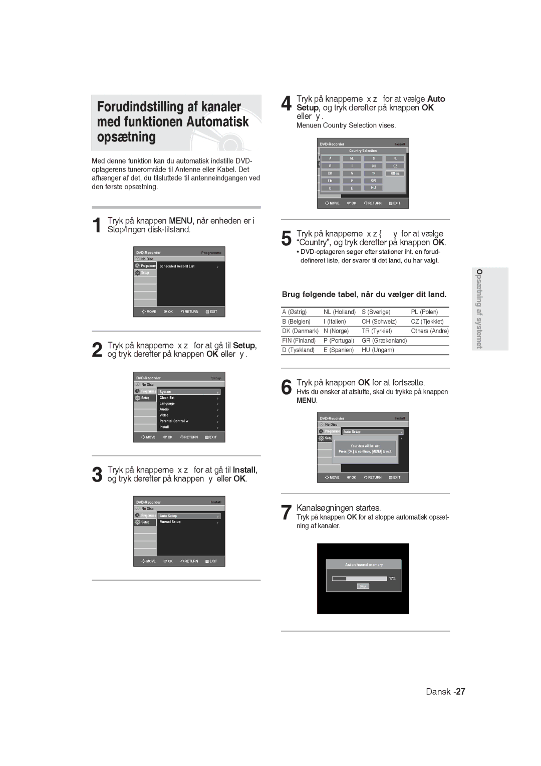 Samsung DVD-R129/XEE manual Tryk på knappen OK for at fortsætte, Kanalsøgningen startes, Menuen Country Selection vises 