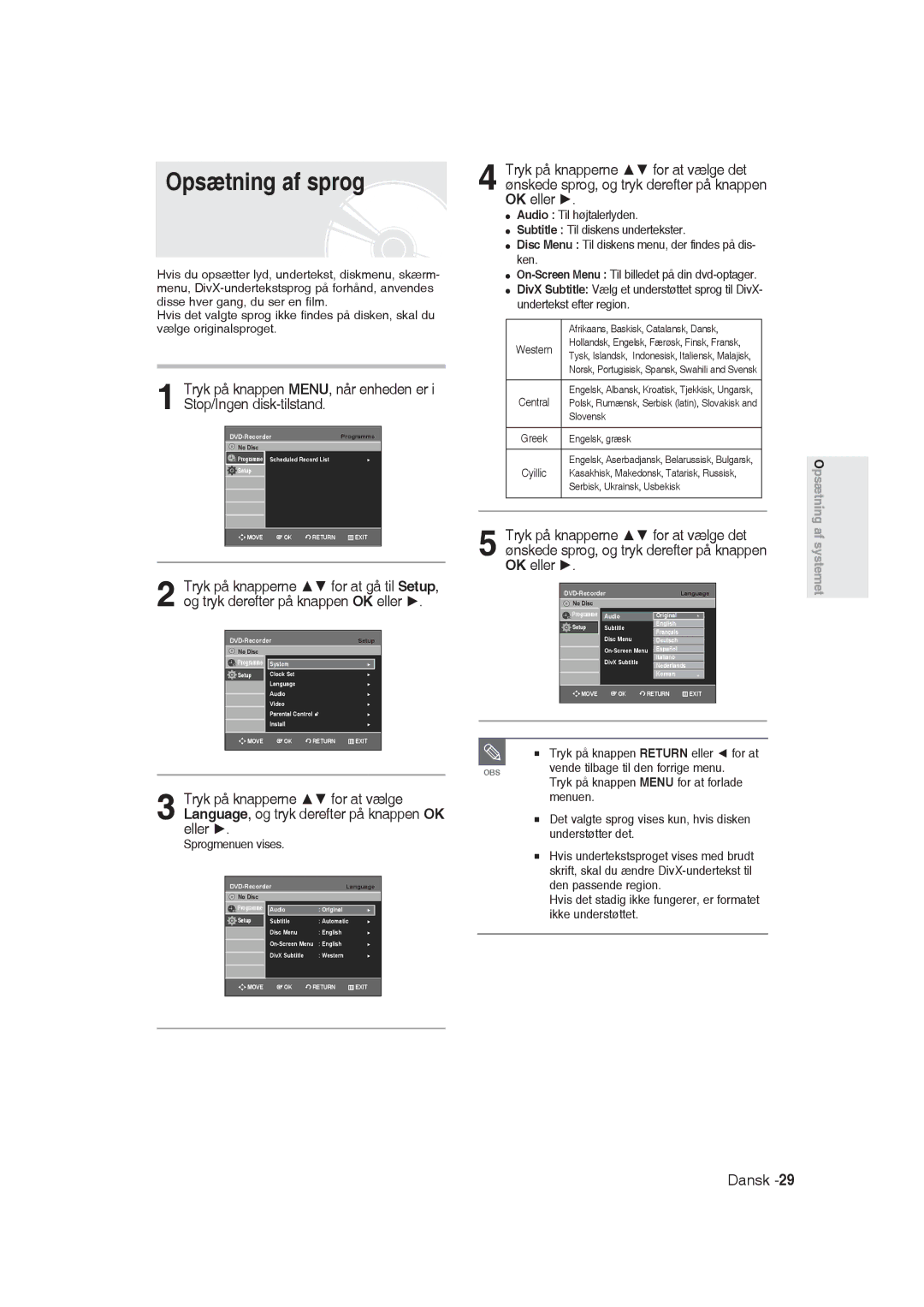 Samsung DVD-R129/XEE manual Opsætning af sprog, Sprogmenuen vises 