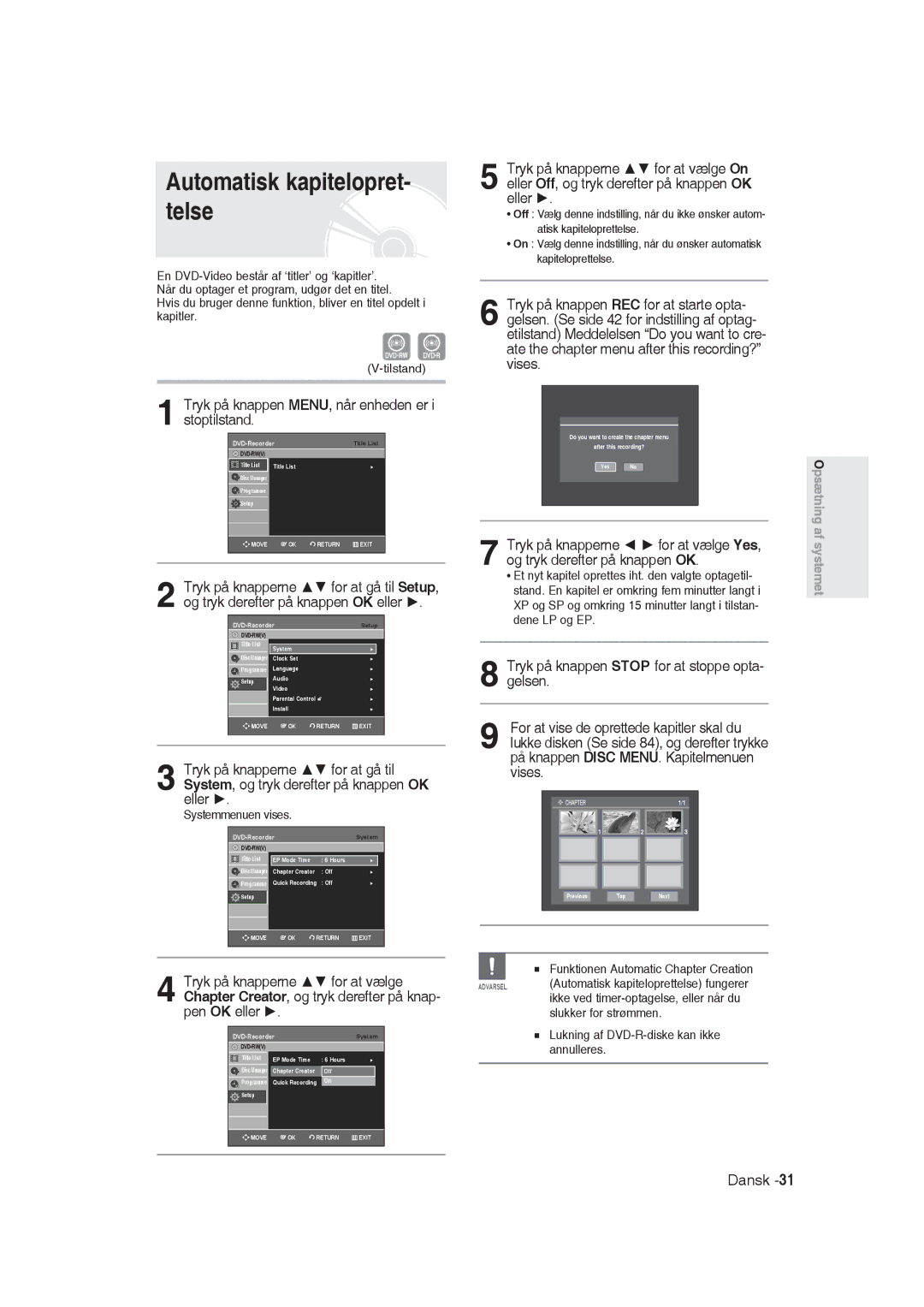 Samsung DVD-R129/XEE manual Automatisk kapitelopret- telse, Tryk på knappen MENU, når enheden er i stoptilstand 