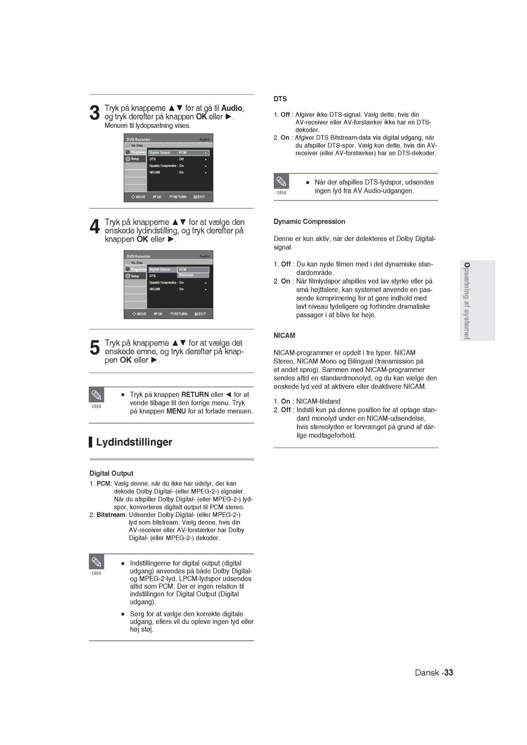 Samsung DVD-R129/XEE manual Lydindstillinger 