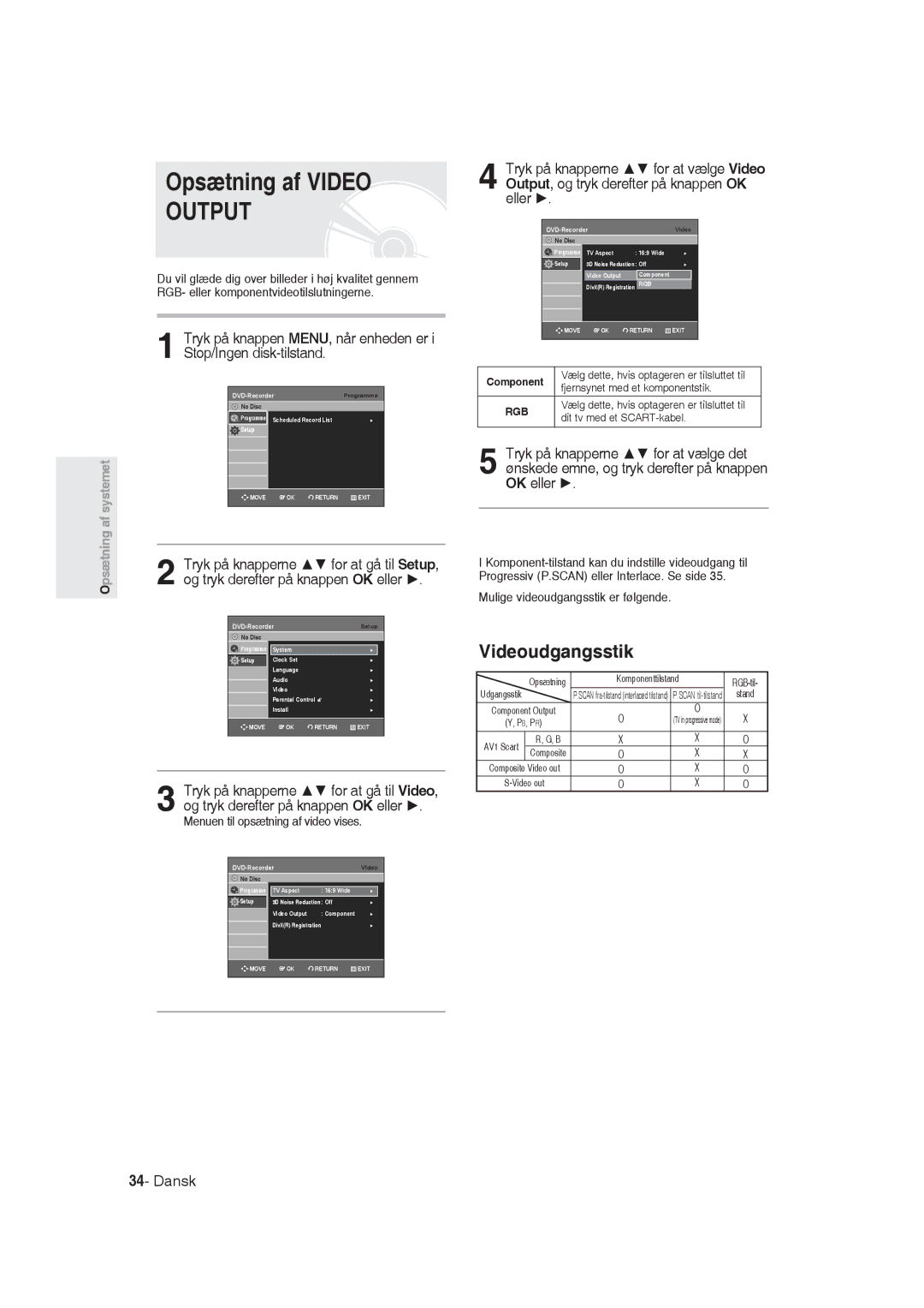 Samsung DVD-R129/XEE manual Opsætning af Video, Videoudgangsstik, Menuen til opsætning af video vises, Komponenttilstand 