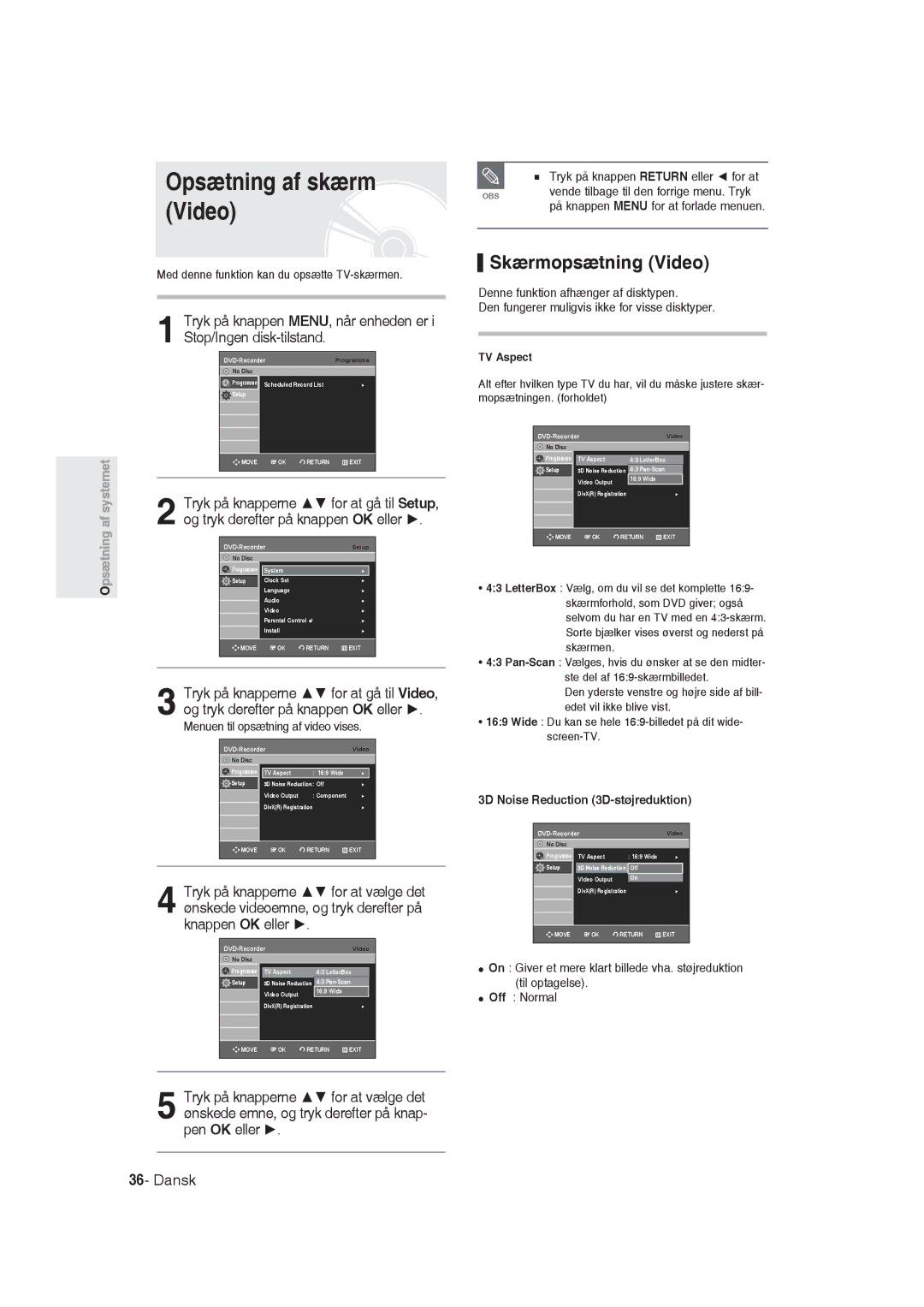 Samsung DVD-R129/XEE manual Opsætning af skærm Video, Skærmopsætning Video, Og tryk derefter på knappen OK eller 