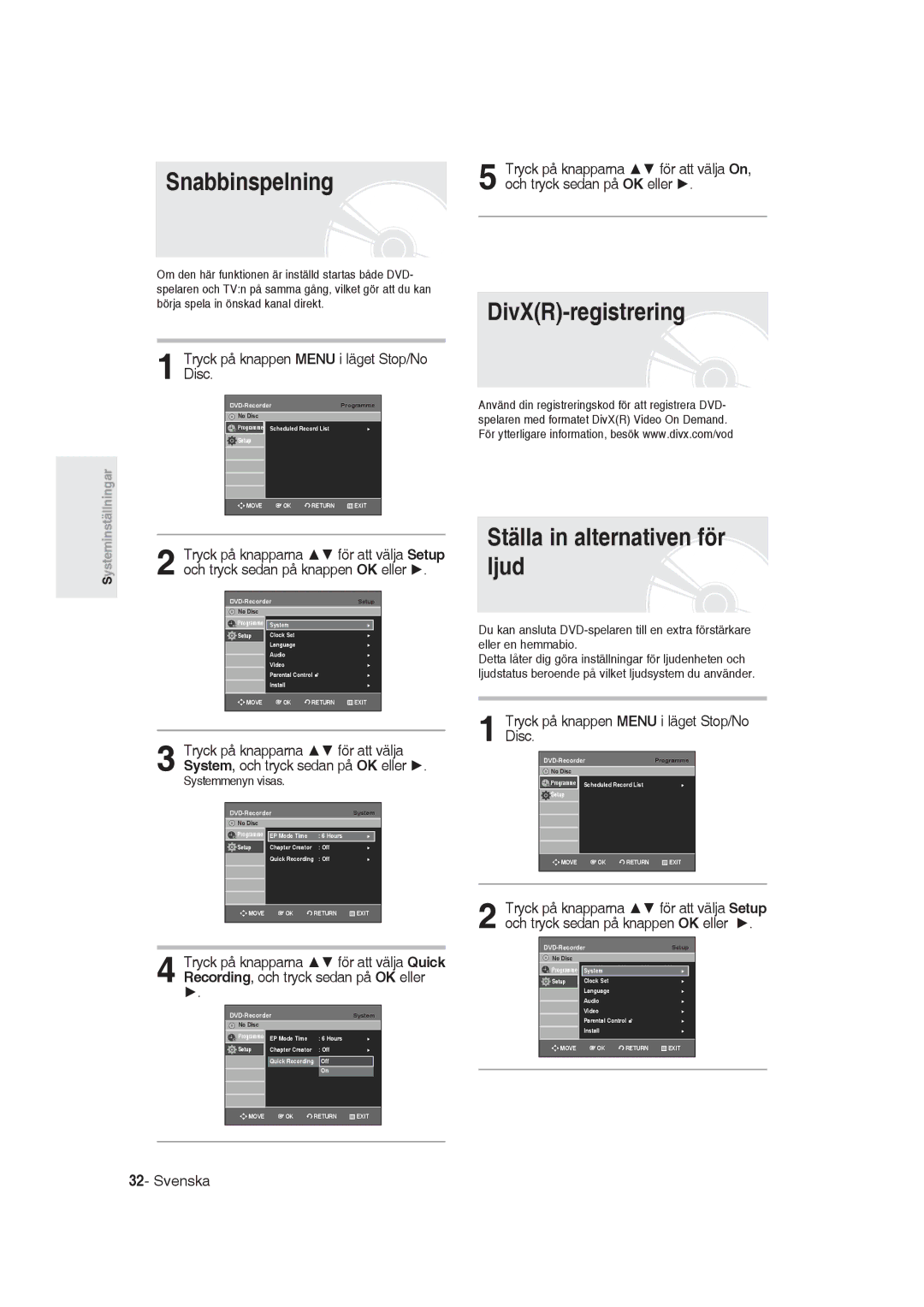 Samsung DVD-R129/XEE manual Snabbinspelning, DivXR-registrering Ställa in alternativen för ljud 